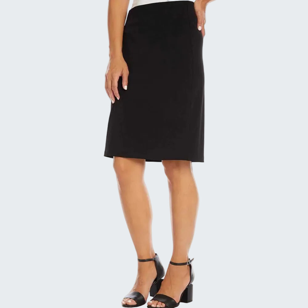 Black pencil skirt worn by a person on a white background