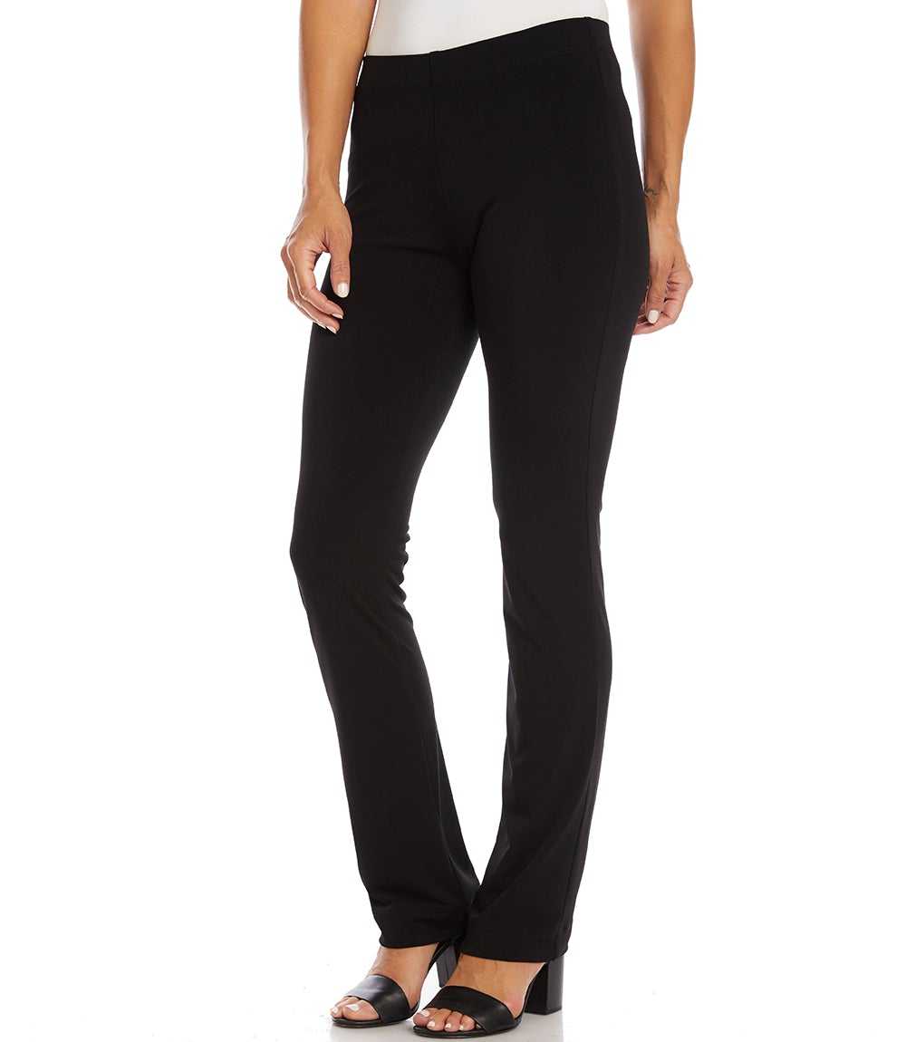 A model wearing a pair of black high-waisted, straight-leg pants with a white top and black heeled sandals, shown from the waist down on a white background.