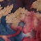 A close-up of a textured fabric or wallpaper pattern featuring abstract, painterly strokes of deep red, blue, and gold.