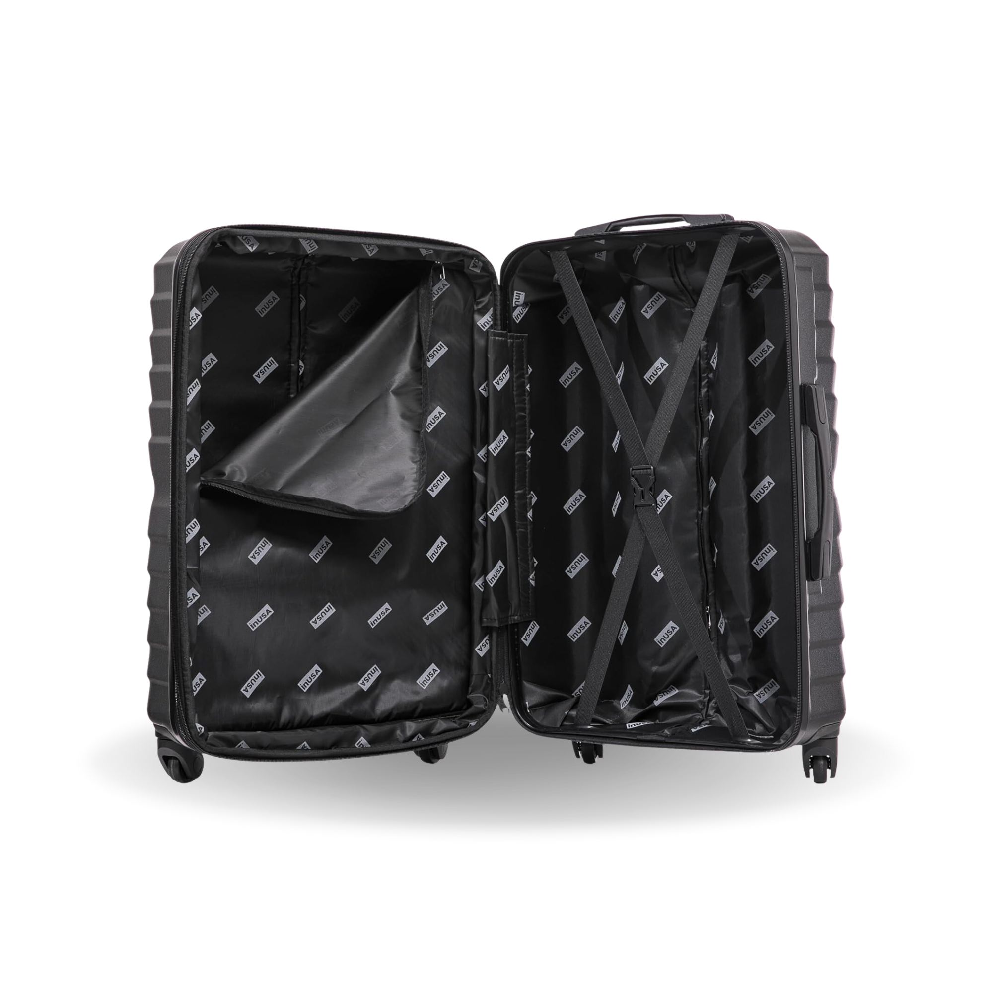 Black suitcase with open compartments on a white background