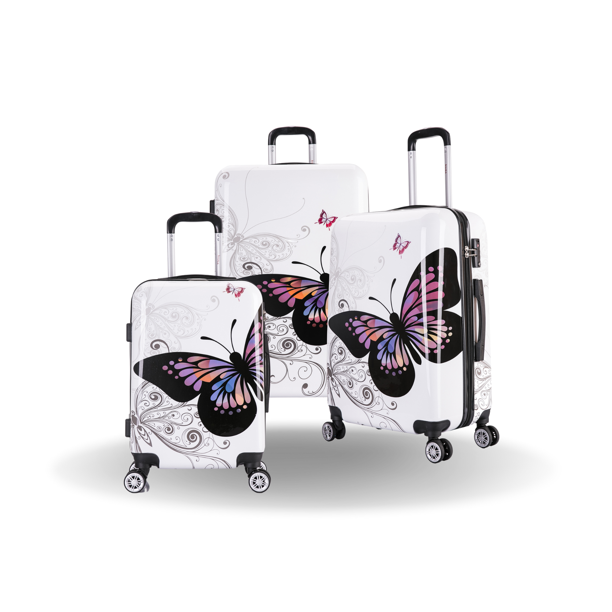 Set of three suitcases with butterfly design on a white background