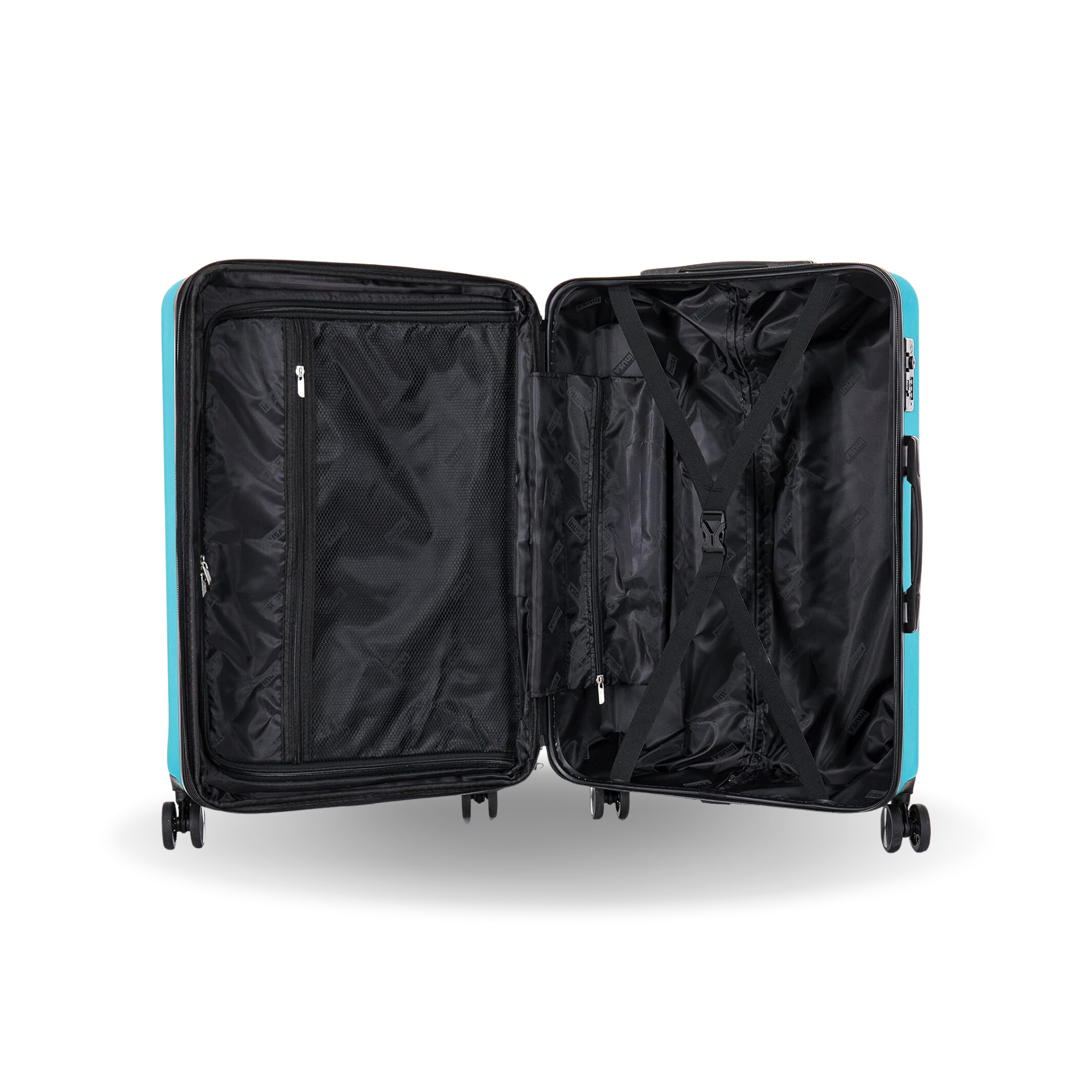 Black suitcase with turquoise accents on a white background