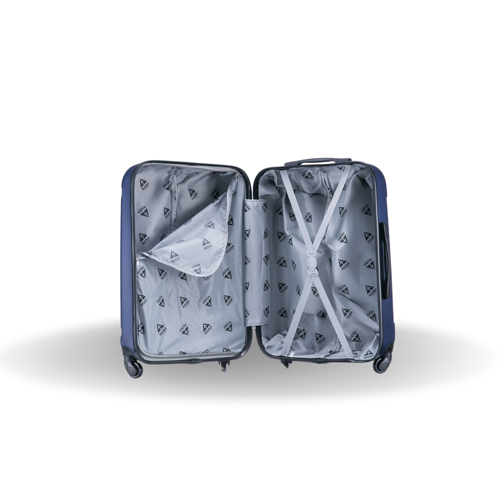 Open blue suitcase with interior pattern on a white background
