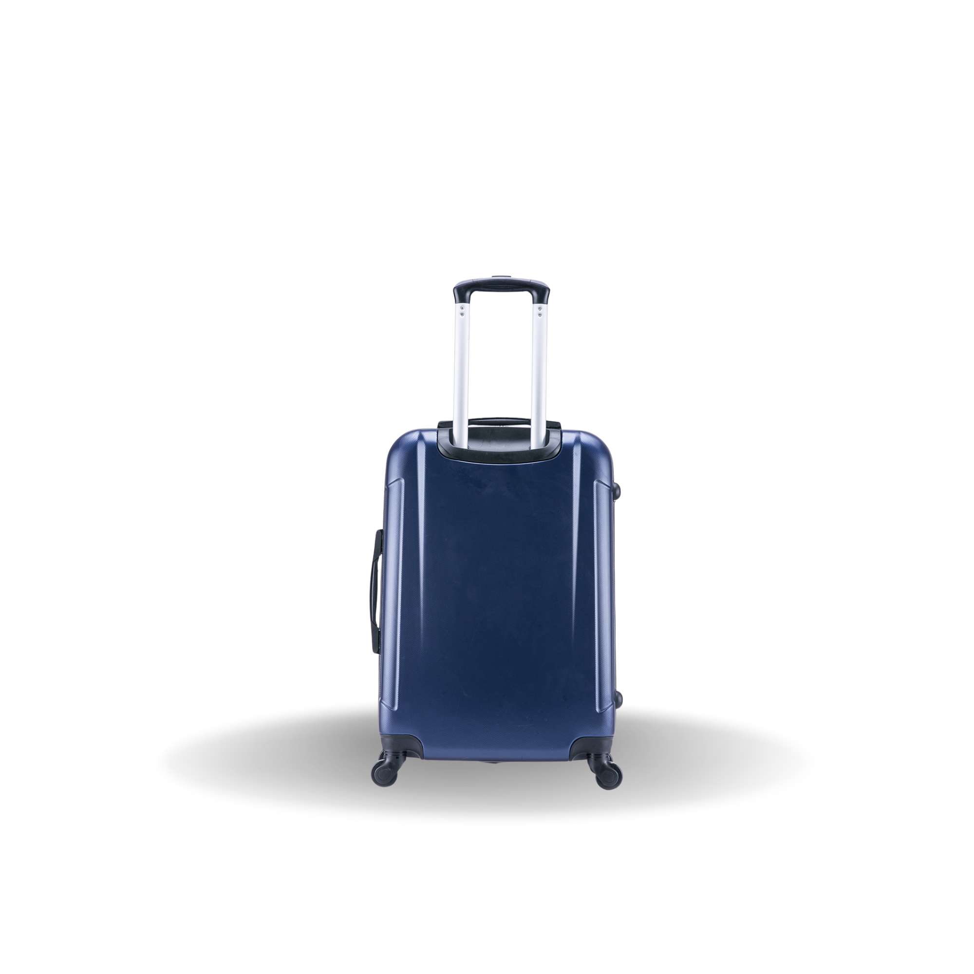 Blue suitcase with wheels on a white background