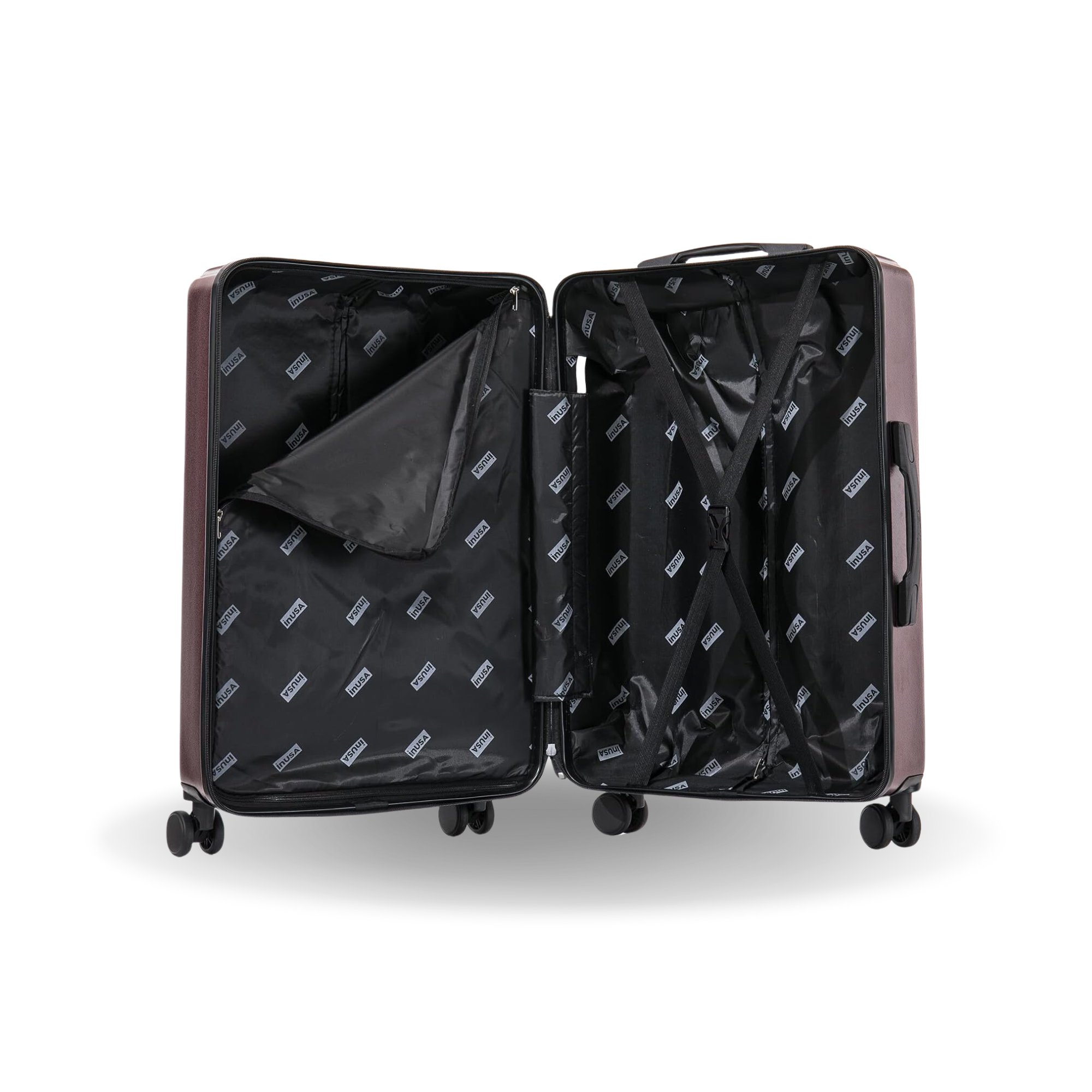 Open suitcase with black interior on a white background