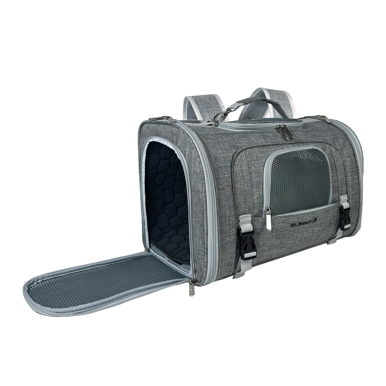 Gray pet carrier with open front door on a white background