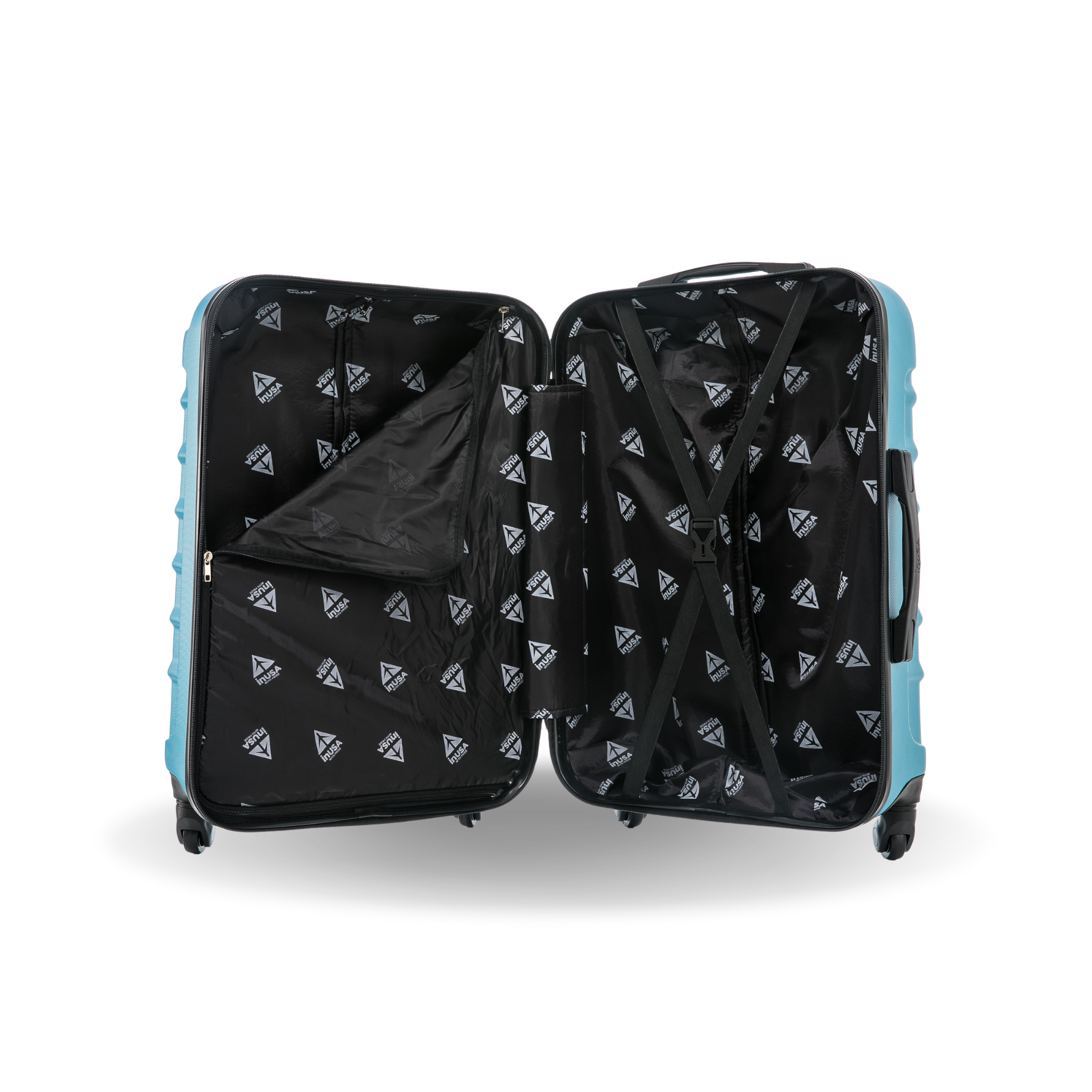 Open suitcase with black interior and blue exterior on a white background