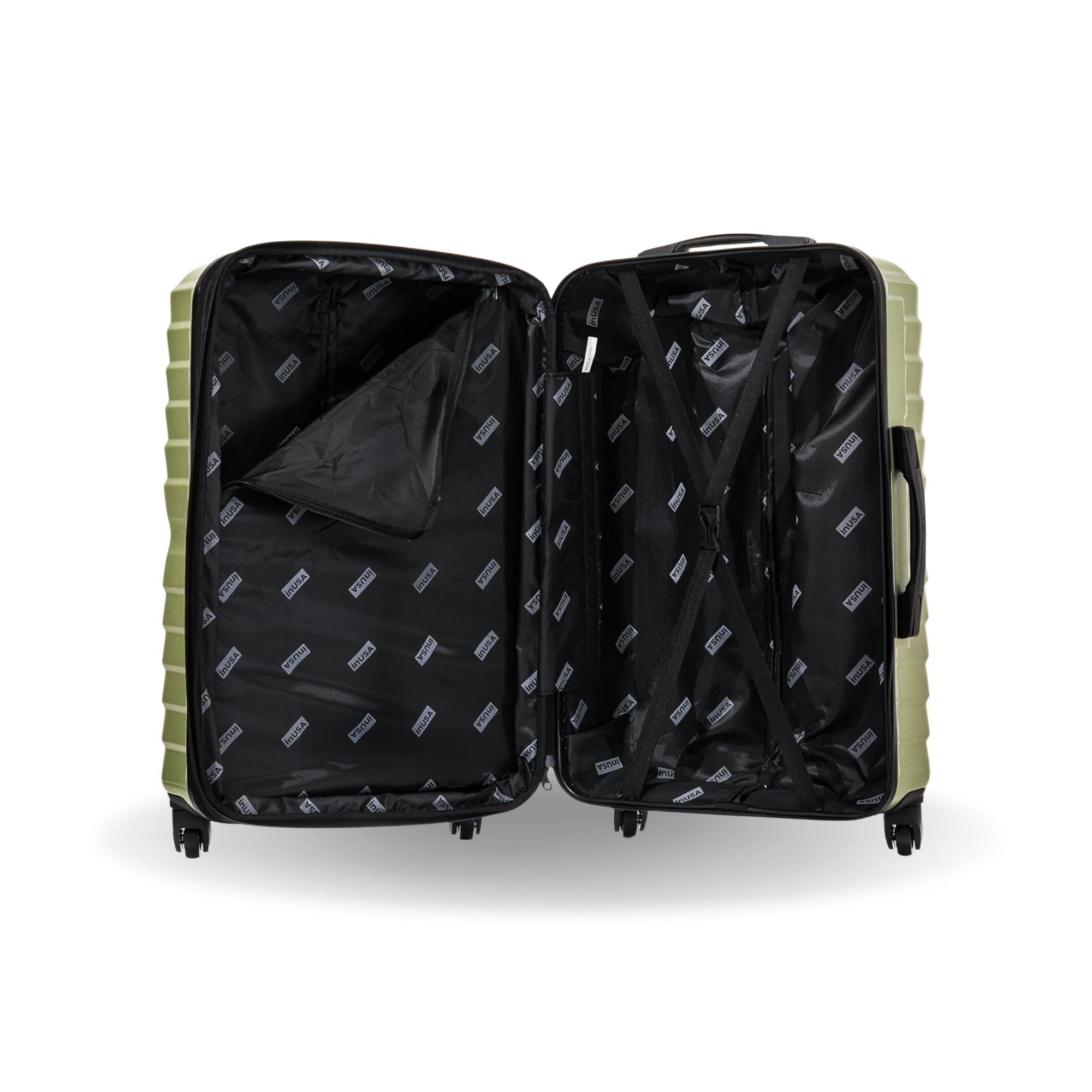 Open suitcase with patterned interior on a white background