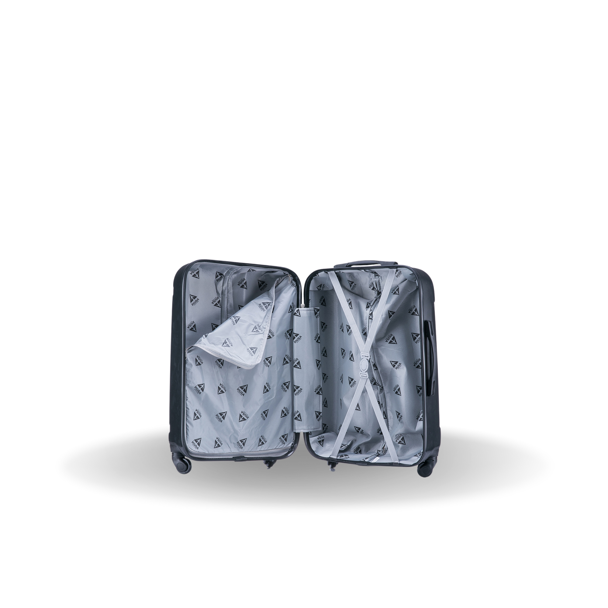 Open suitcase with clothes and a umbrella on a white background