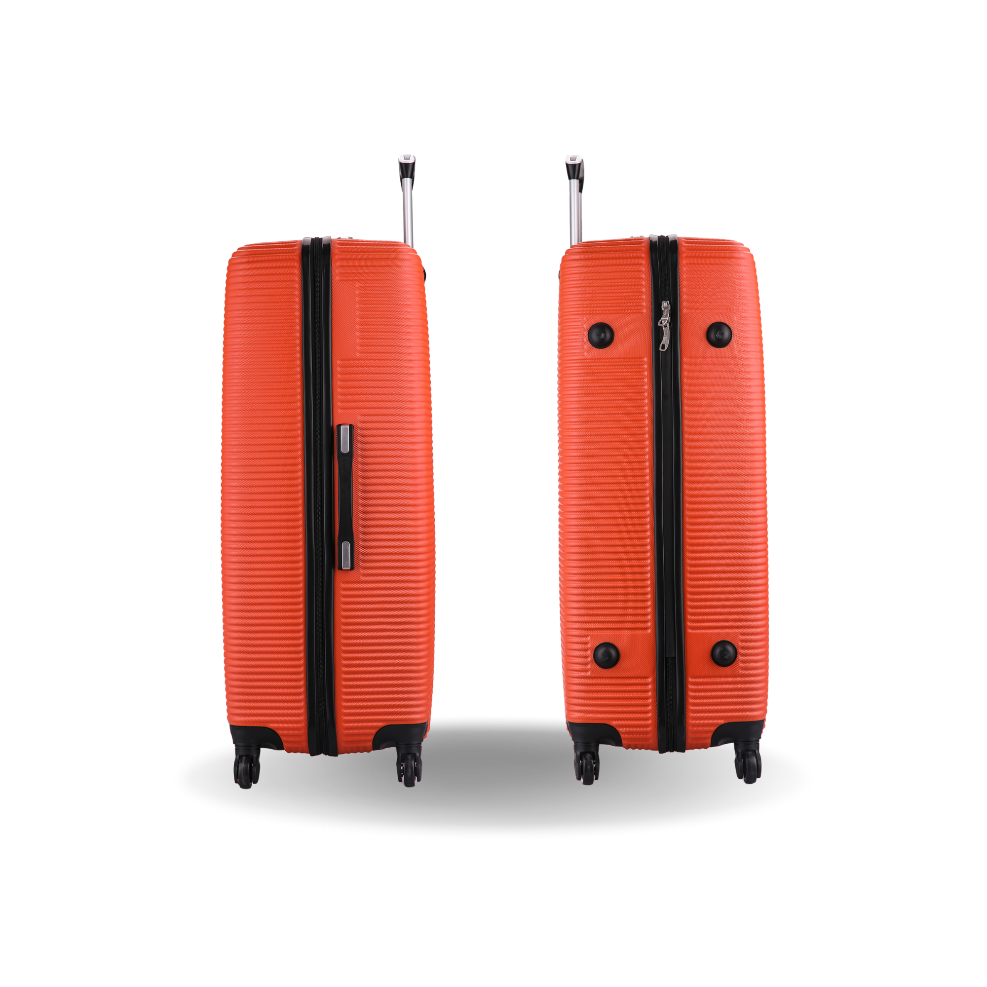 Two orange suitcases with black handles and wheels on a white background