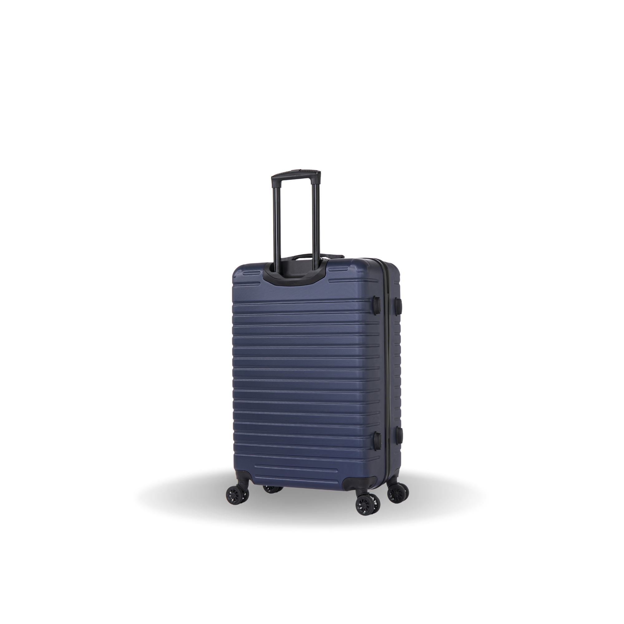 Blue suitcase with a black handle on a white background