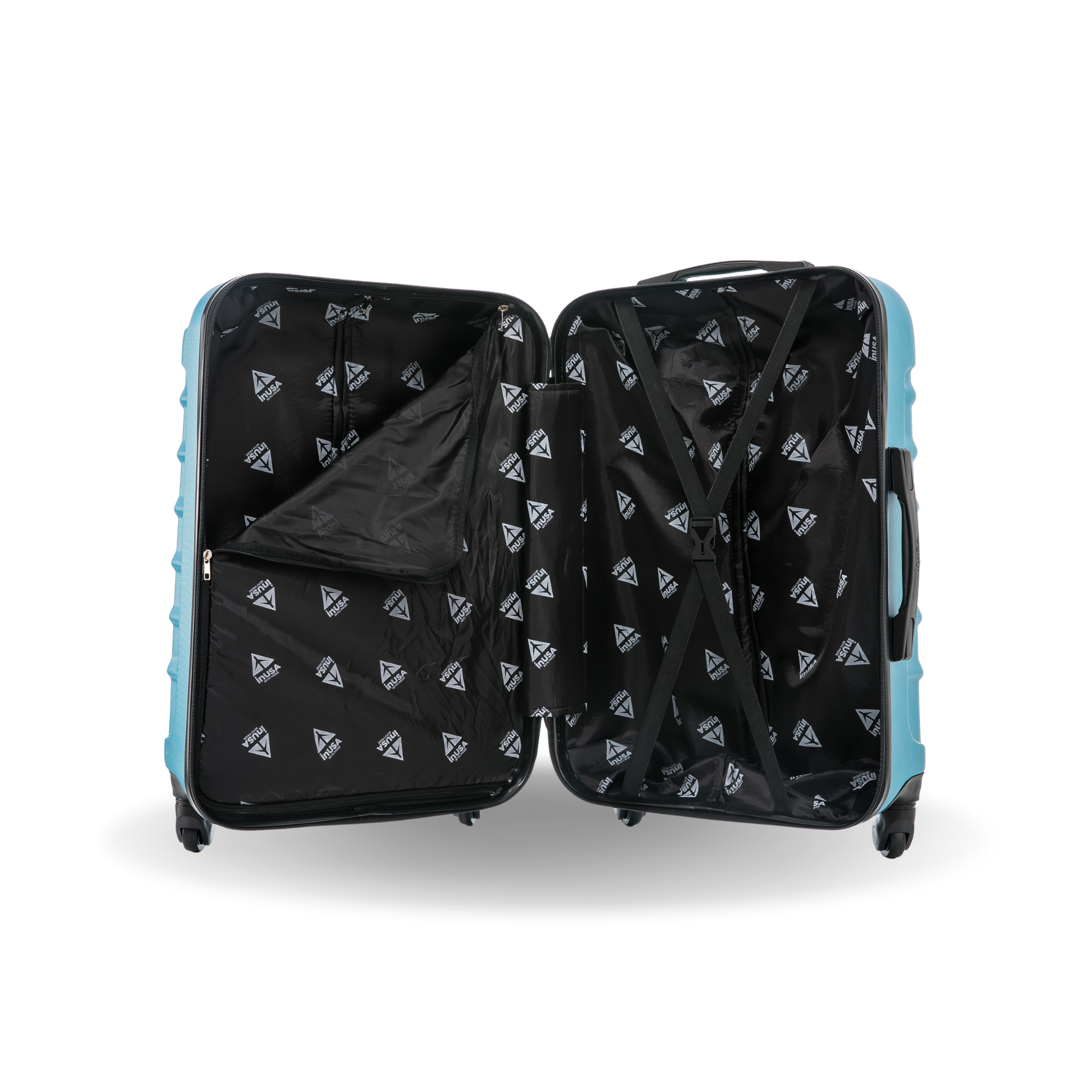 Open suitcase with black interior and blue exterior on a white background
