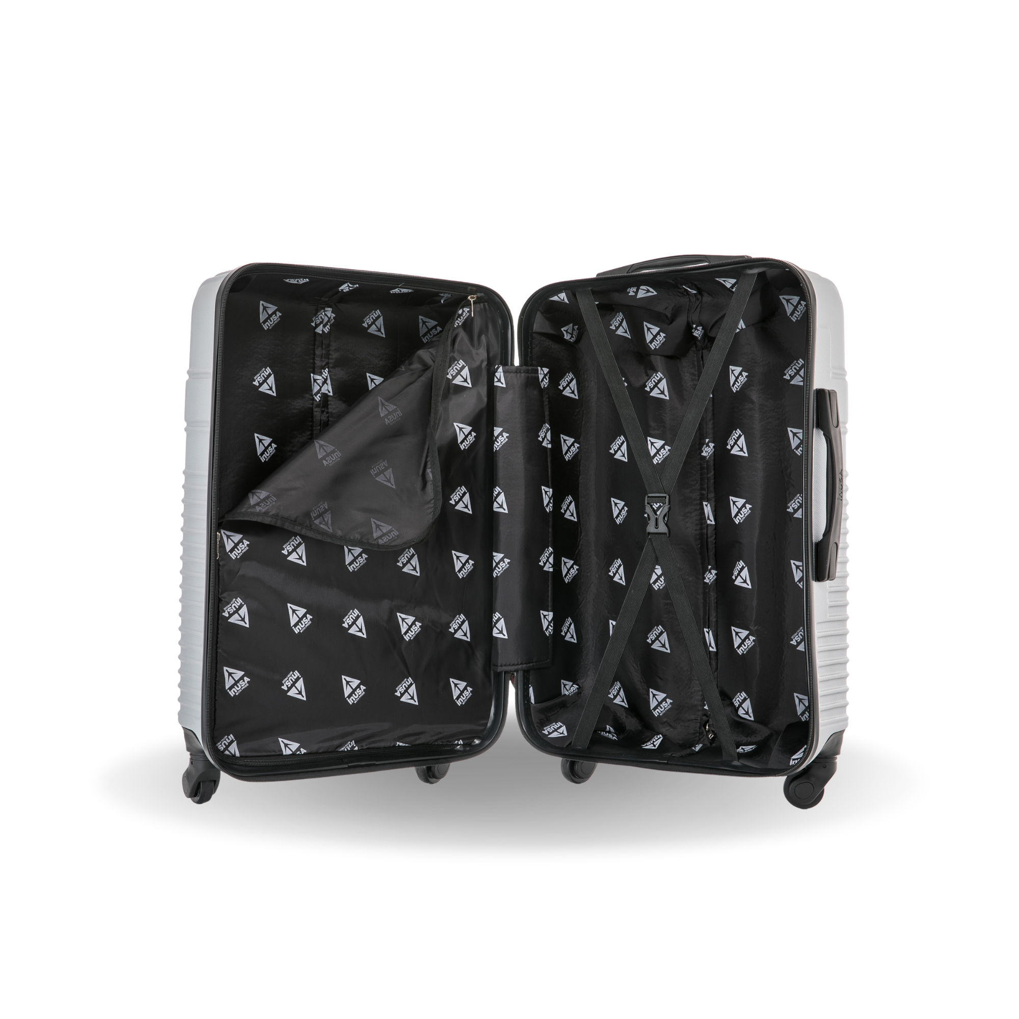 Black suitcase with white geometric pattern on a white background