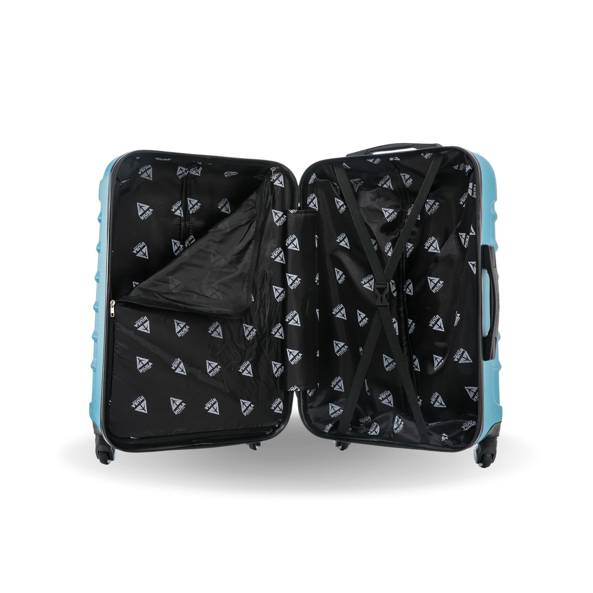 Open blue suitcase with black interior on a white background
