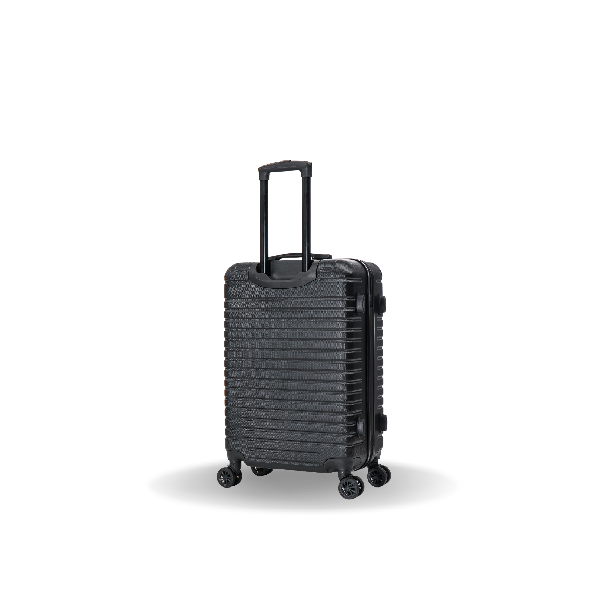 Black suitcase with wheels on a white background