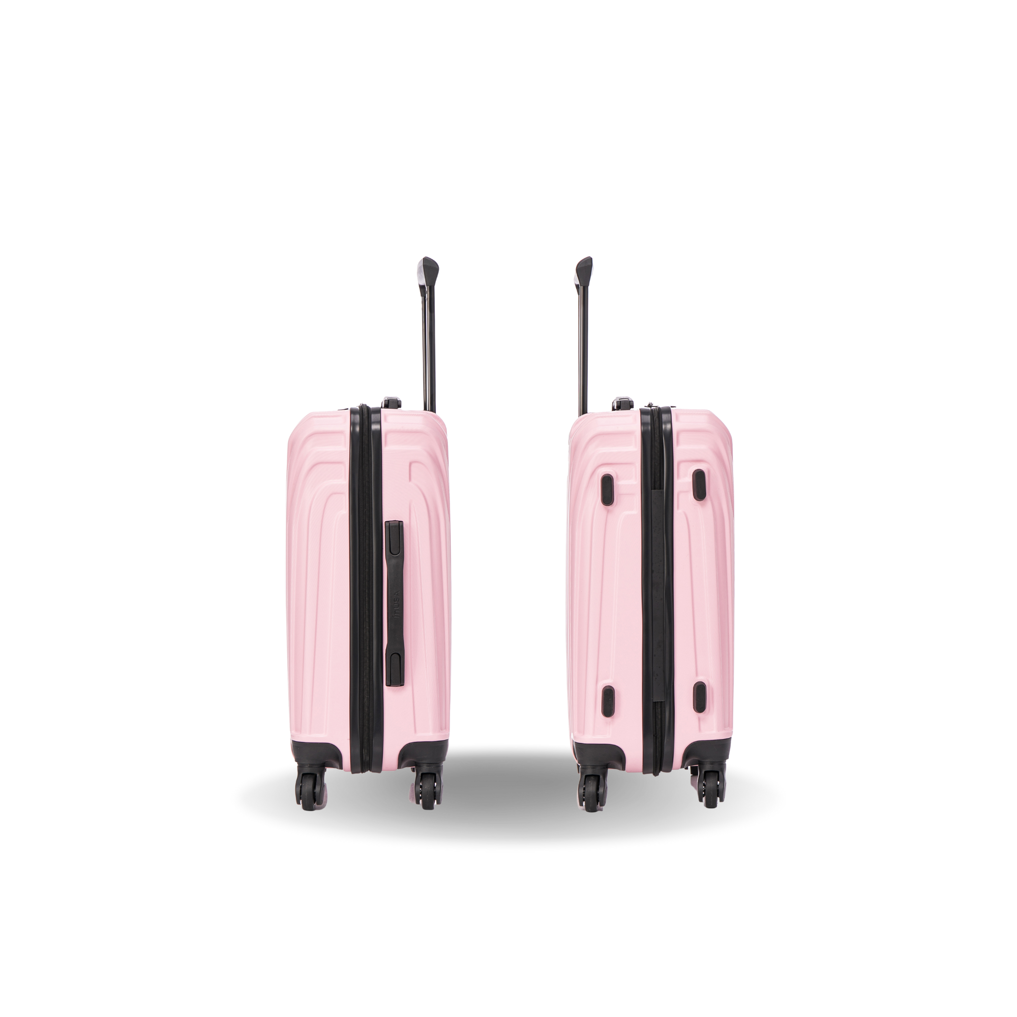 Two pink suitcases with black accents on a white background