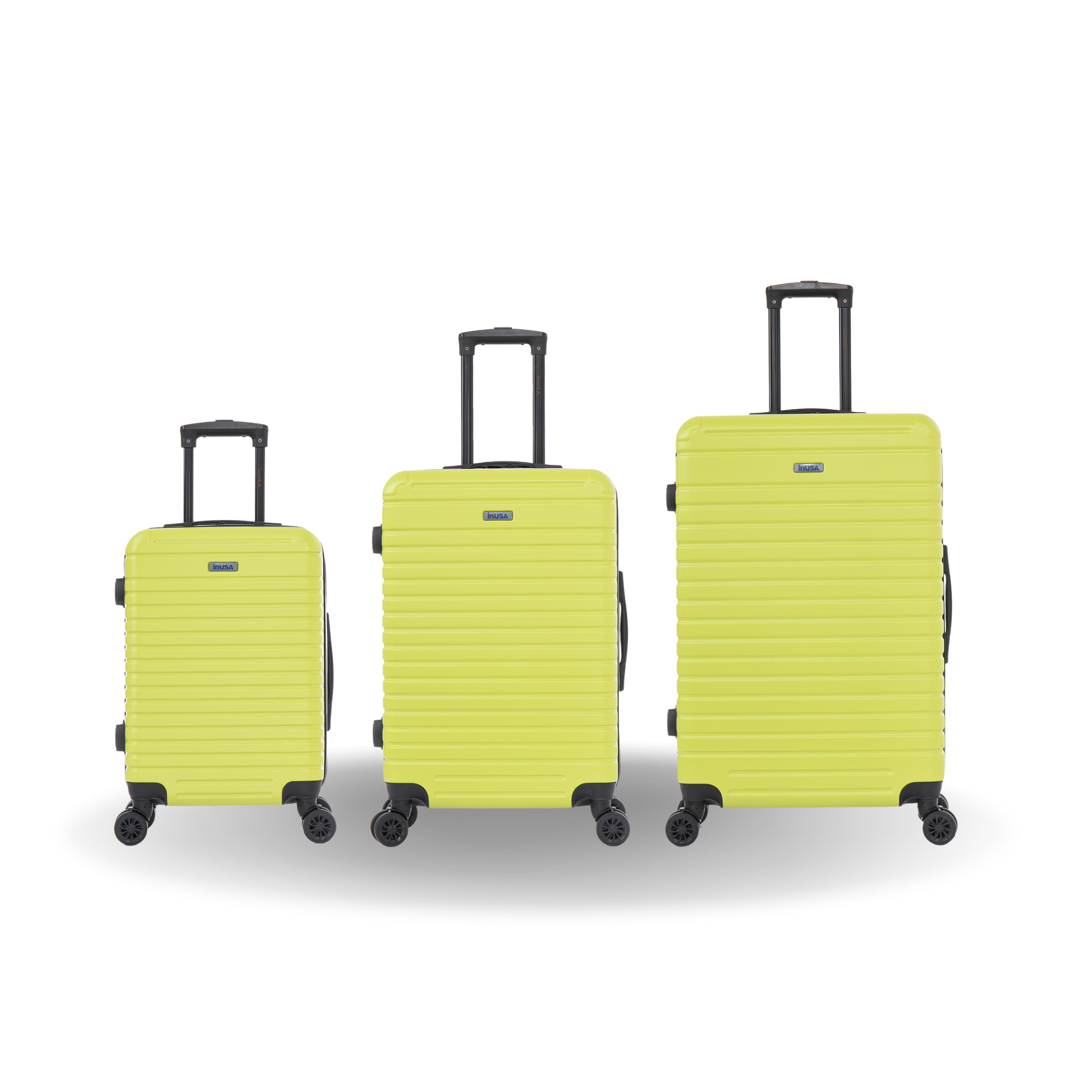 Three lime green suitcases of different sizes on a white background