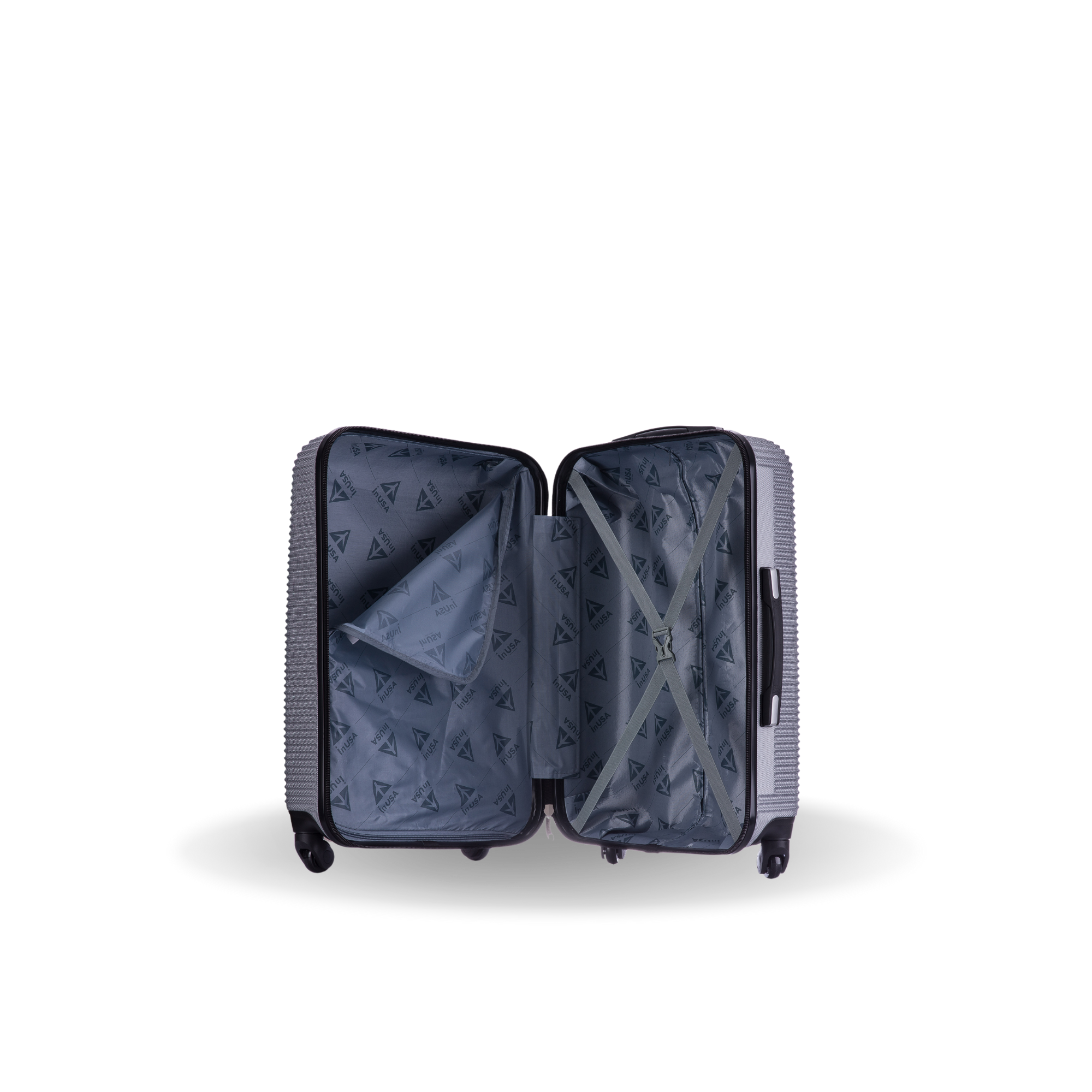 Open suitcase with patterned interior on a white background