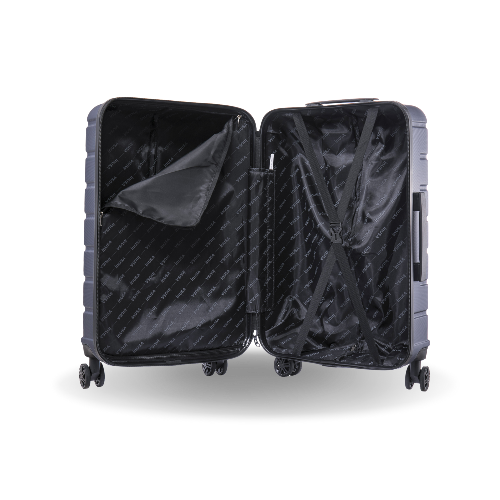 Black suitcase with open compartments on a white background