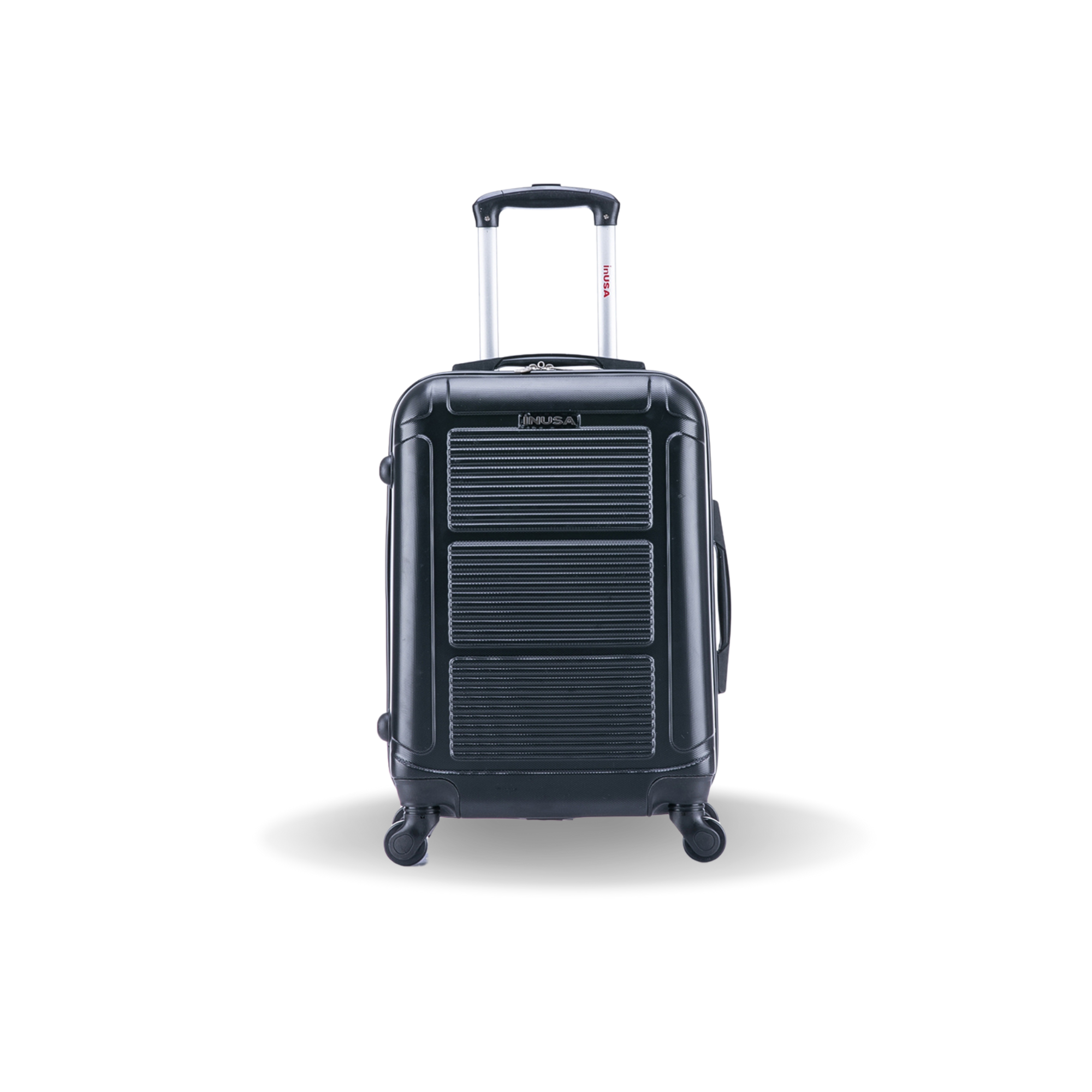 Black suitcase with wheels on a white background
