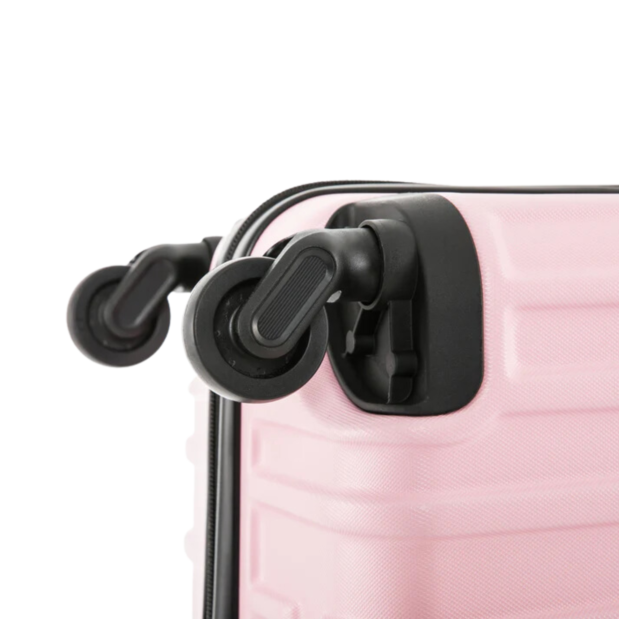 Close-up of a pink suitcase handle with black plastic components on a white background
