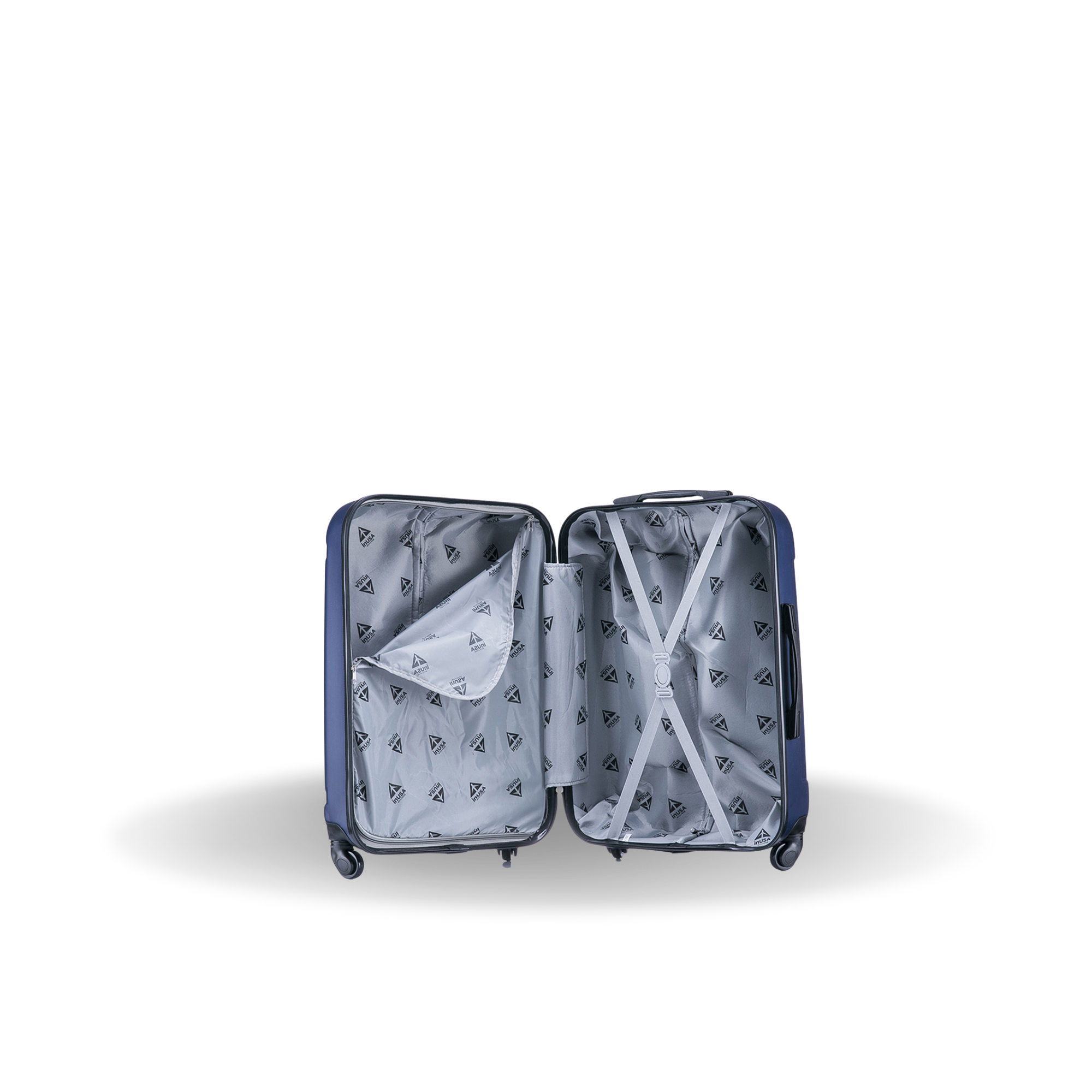Open blue suitcase with interior lining on a white background