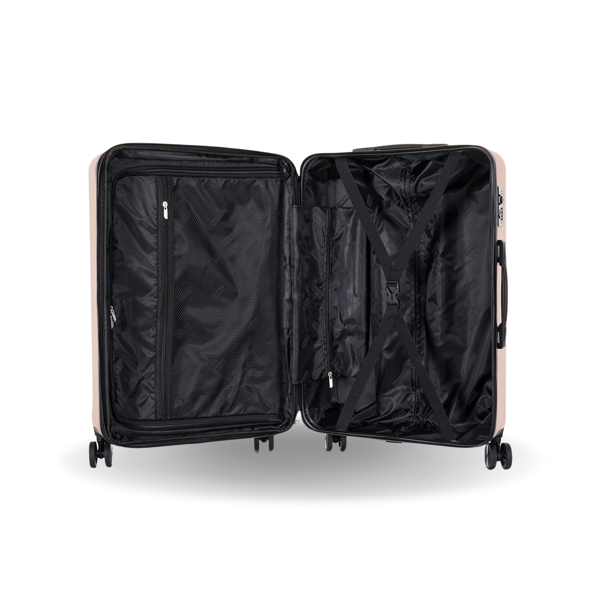 Open black suitcase on a white background
