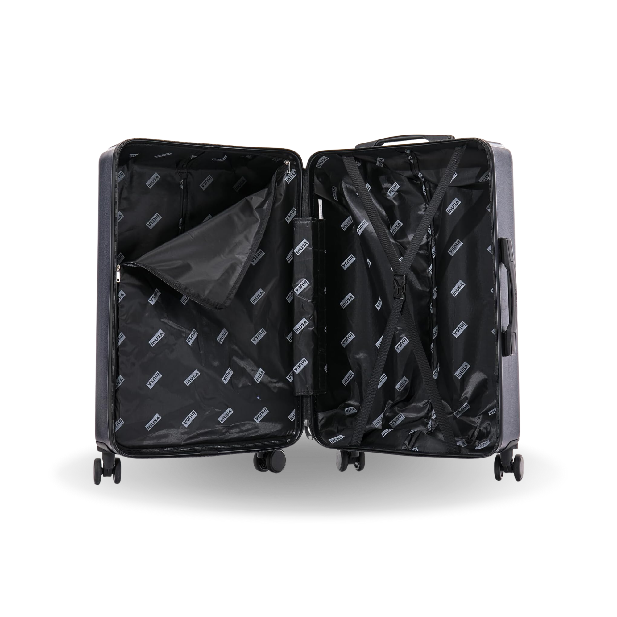 Black suitcase with open compartments on a white background