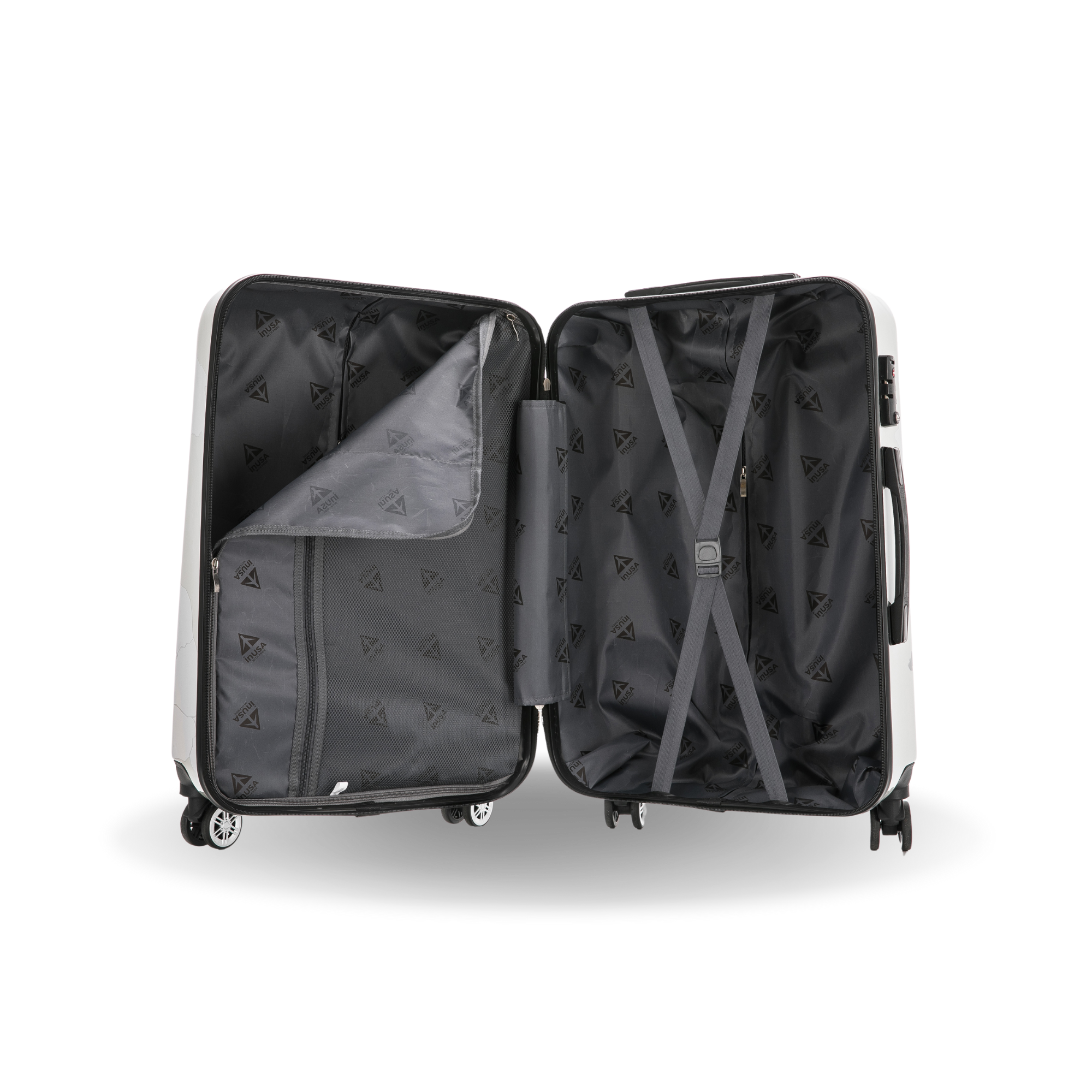 Black suitcase with open lid on a white background