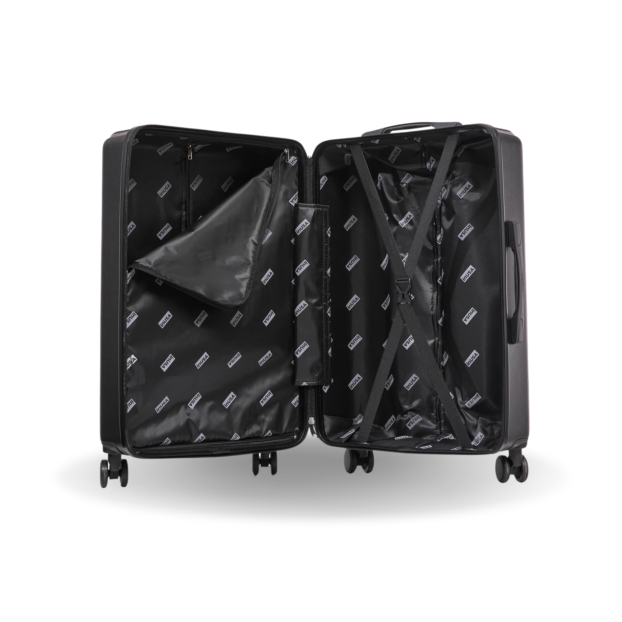 Black suitcase with open lid on a white background