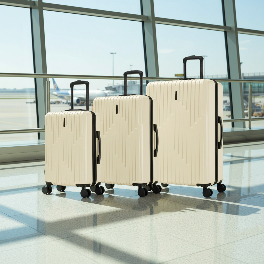 Three beige suitcases of different sizes on a white background