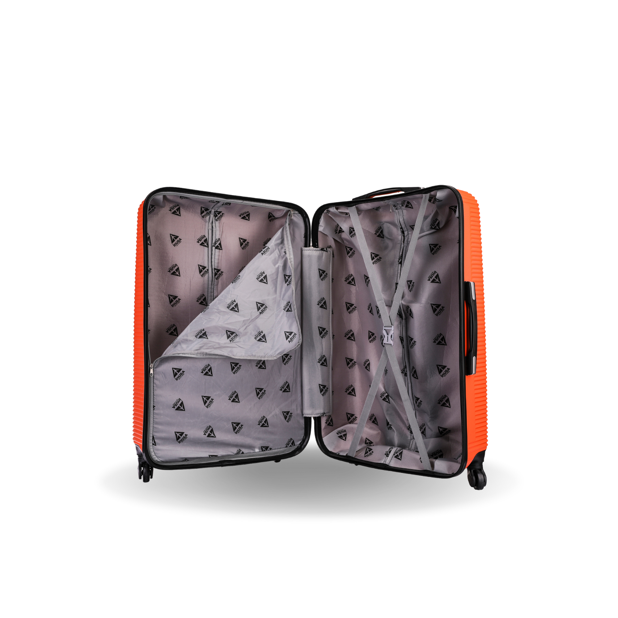 Open orange suitcase with interior lining on a white background