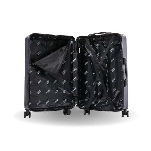 Black suitcase with interior packing bags on a white background