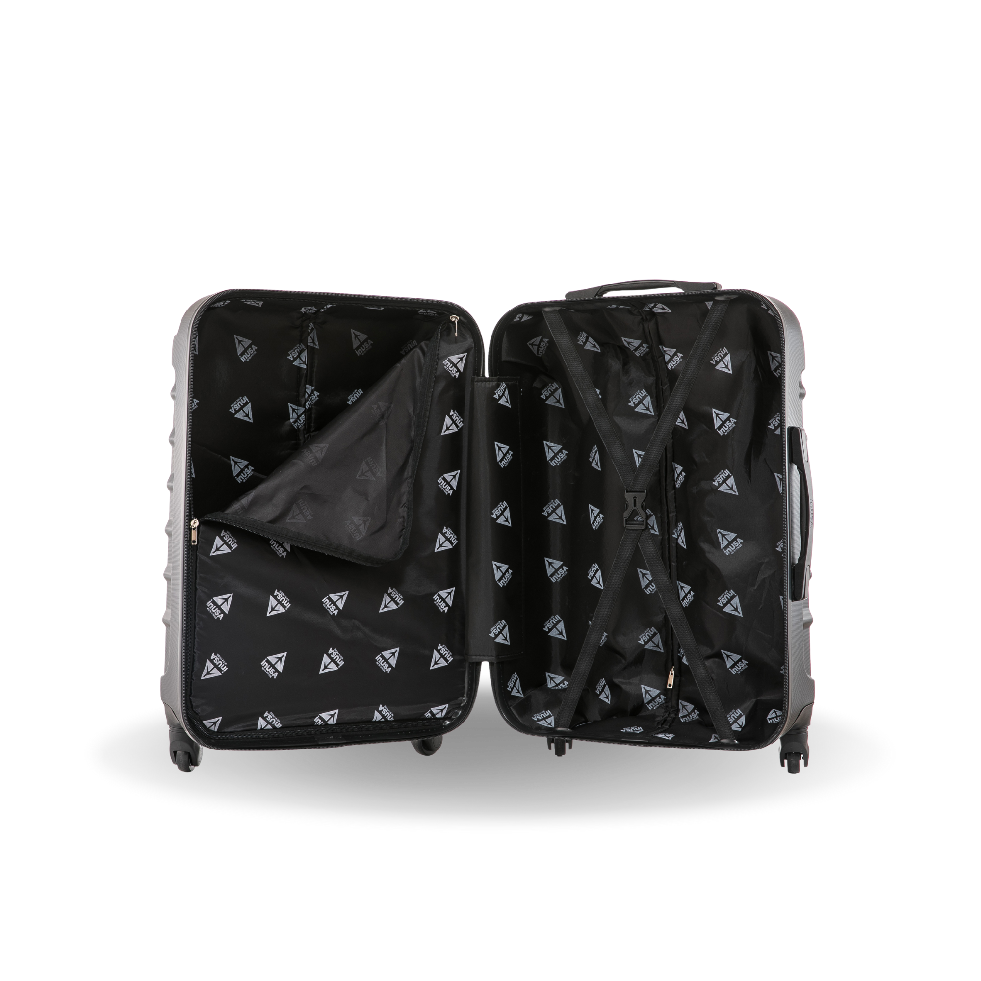 Black suitcase with geometric pattern open on a white background