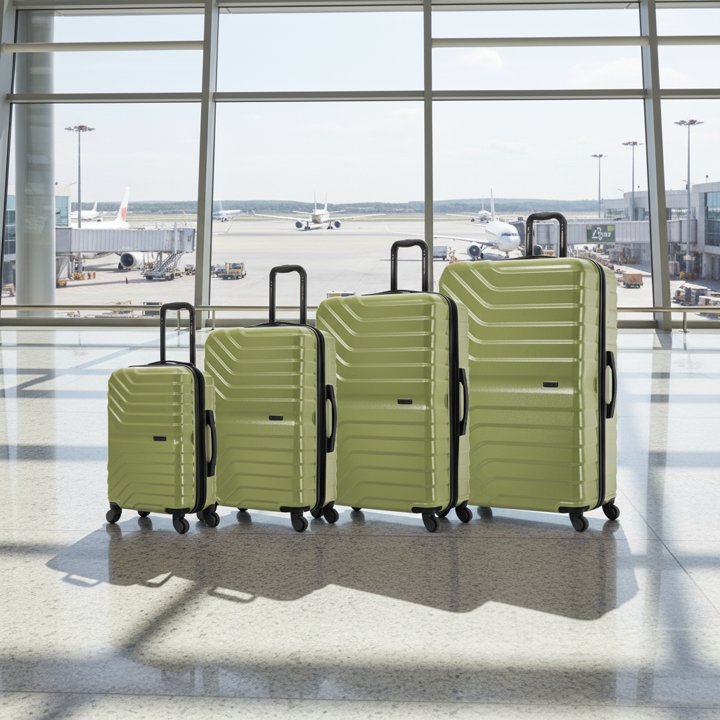 Set of four green suitcases of different sizes on a white background