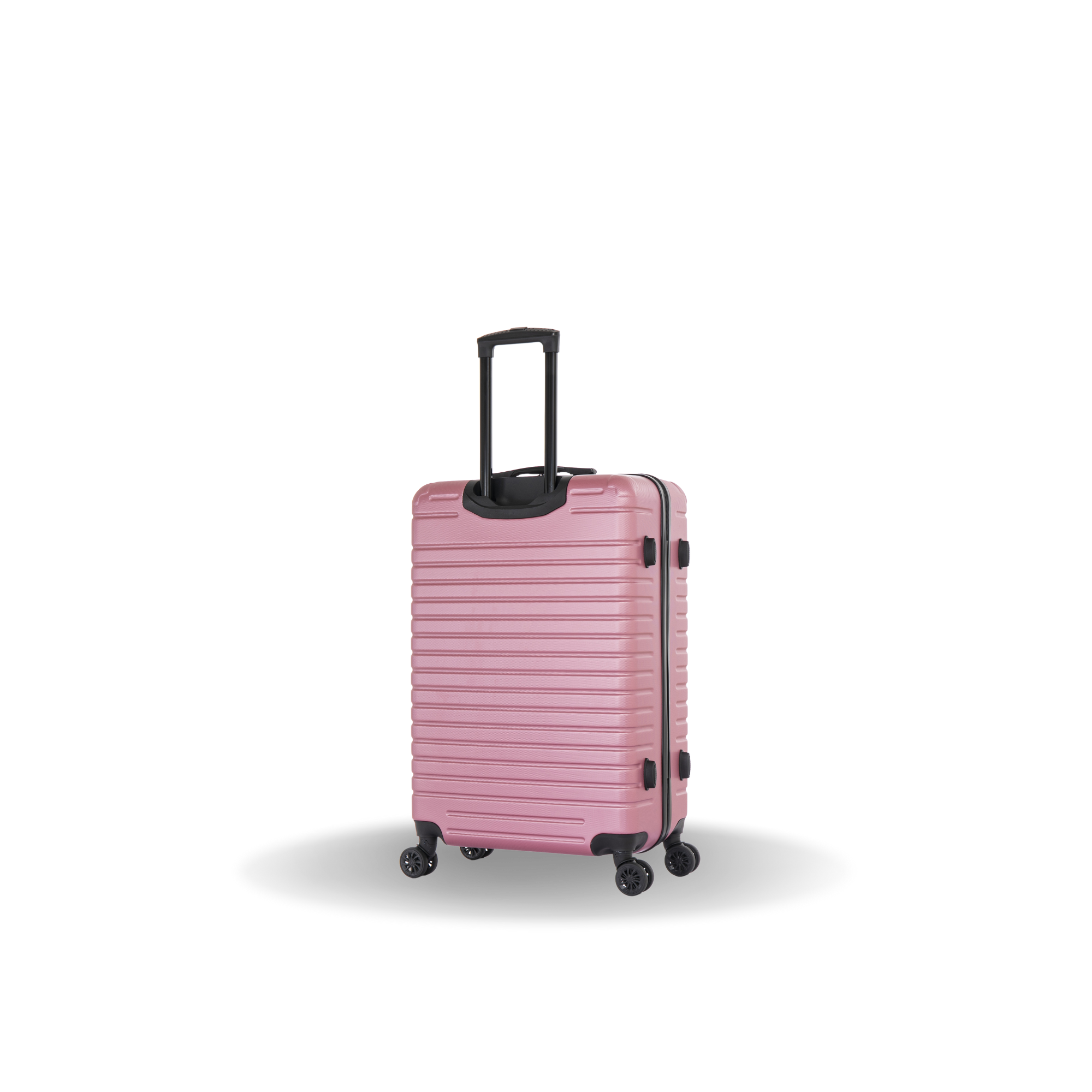 Pink suitcase with black handle and wheels on a white background