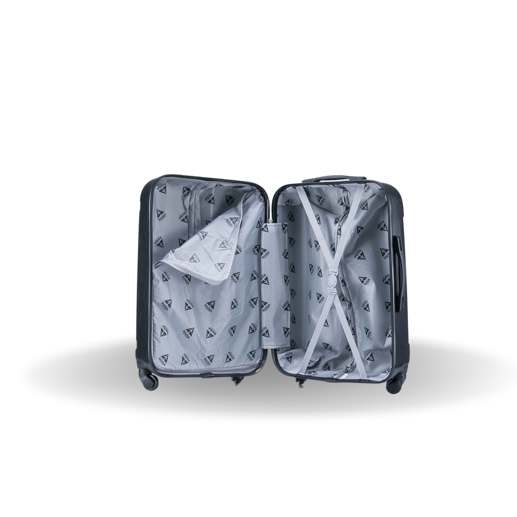 Open suitcase with a shirt inside on a white background
