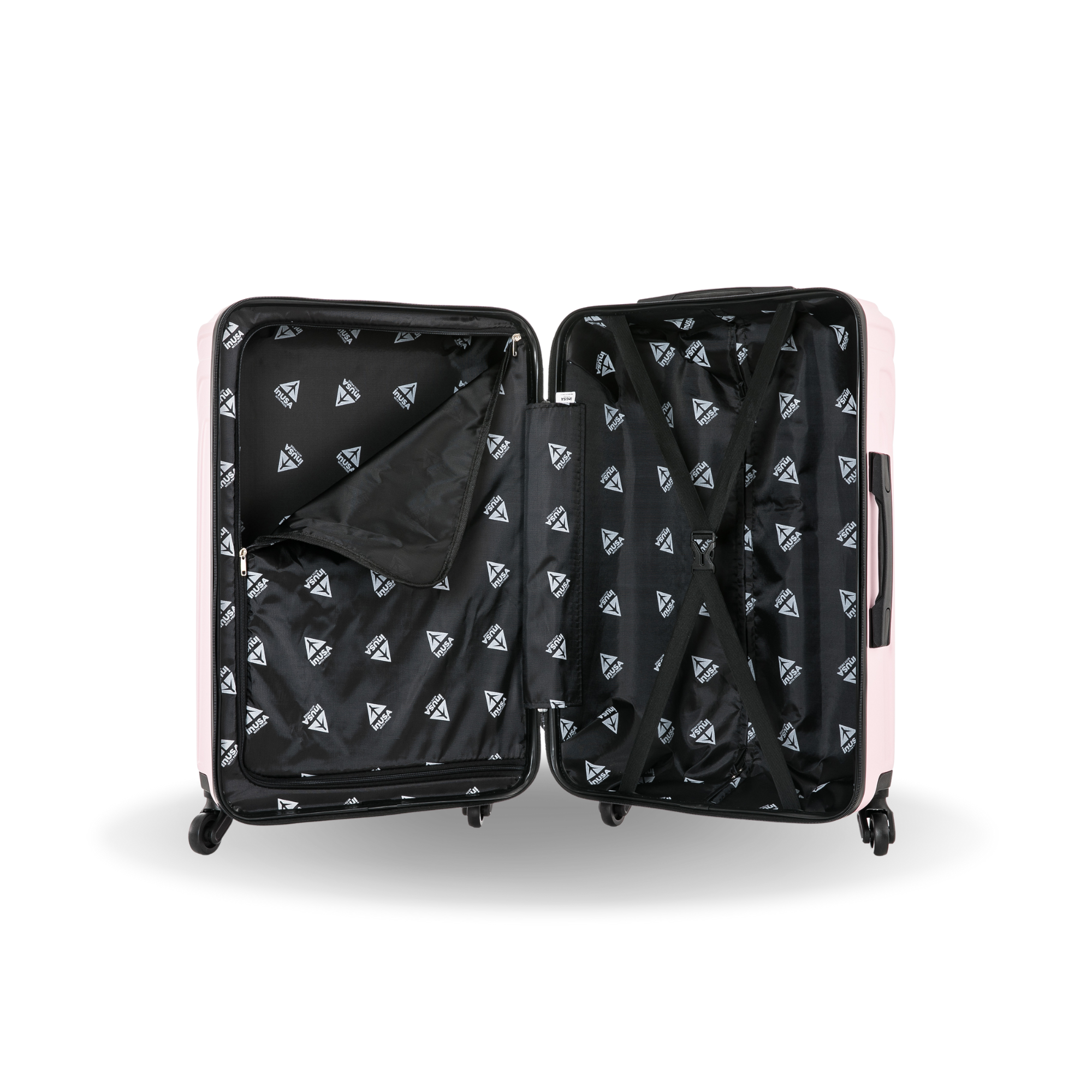 Open suitcase with black interior and pink exterior on a white background