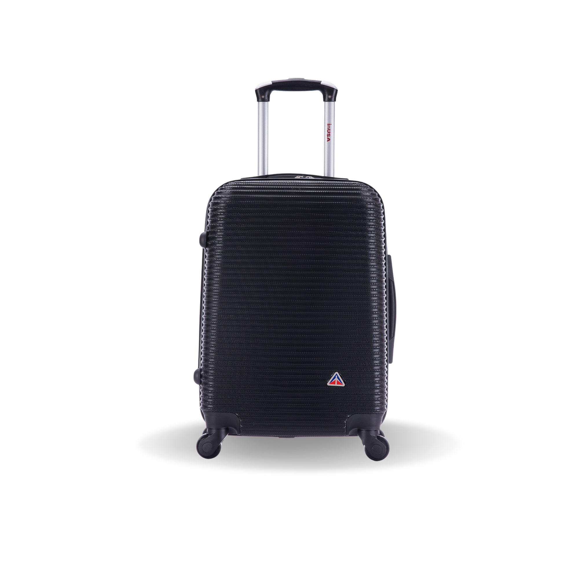 Black suitcase with a visible brand logo on a white background