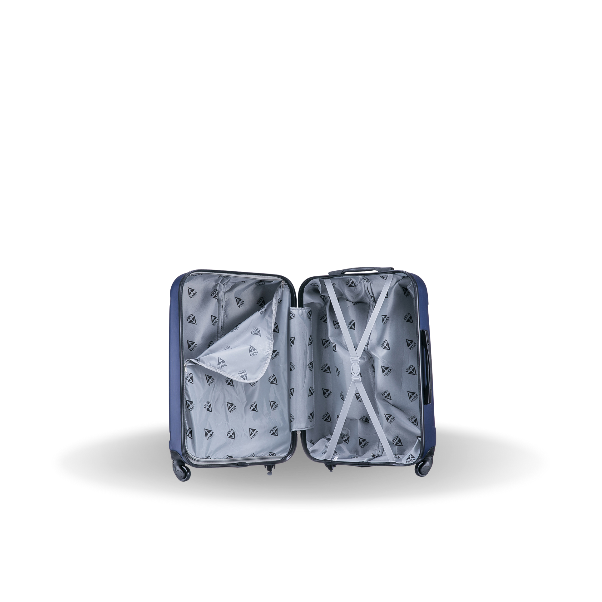 Open blue suitcase with interior lining on a white background