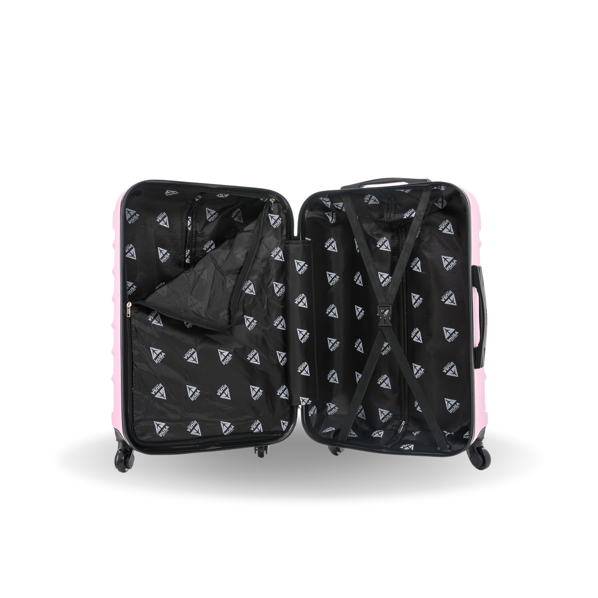 Black suitcase with geometric pattern on a white background