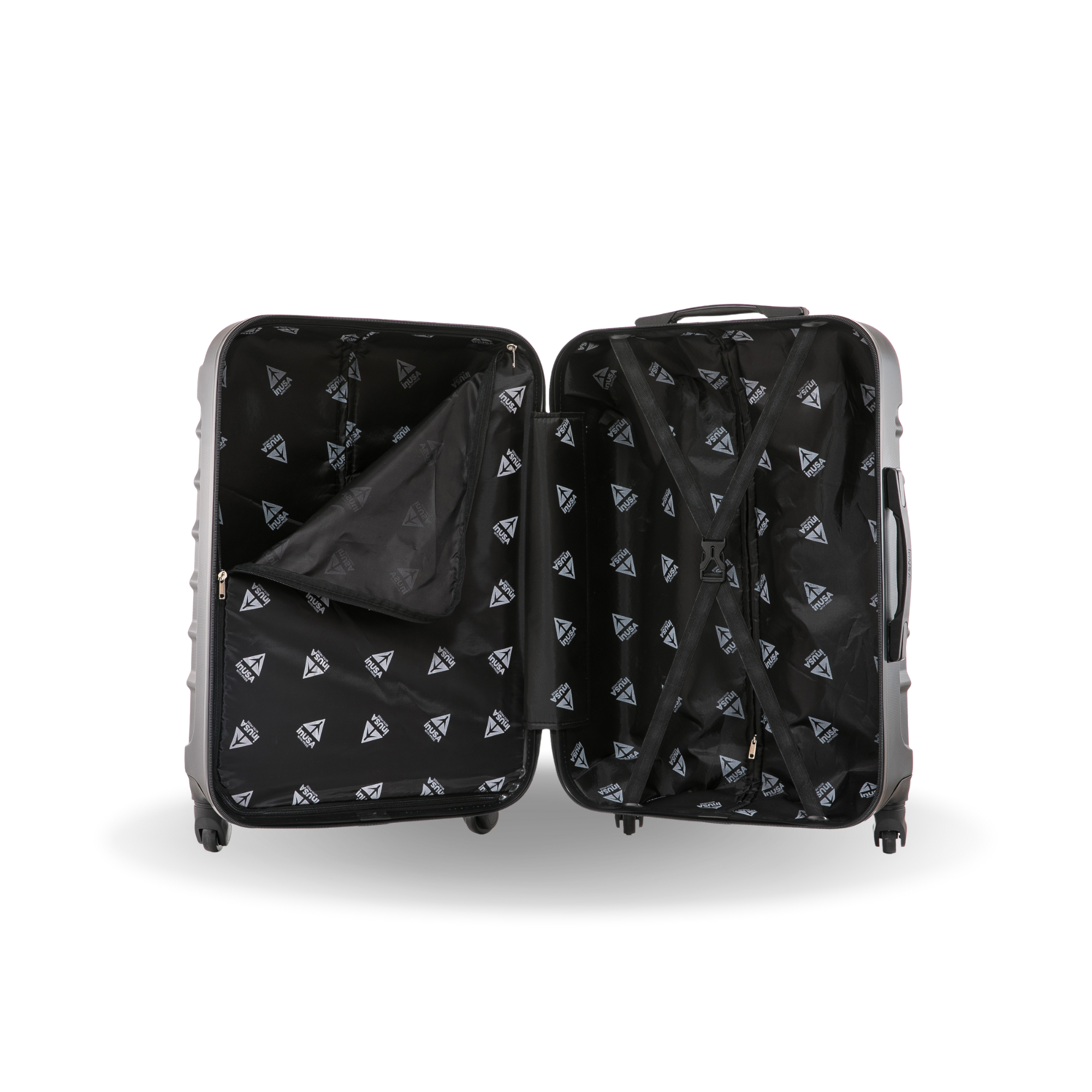 Black suitcase with geometric pattern on a white background