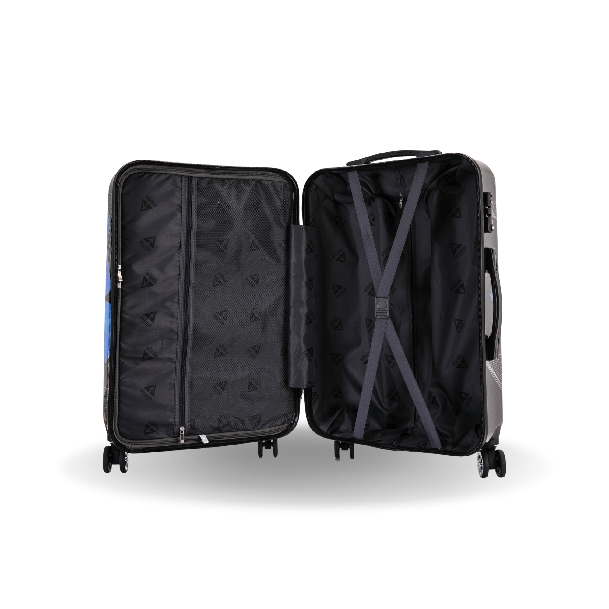 Black suitcase with open compartments on a white background