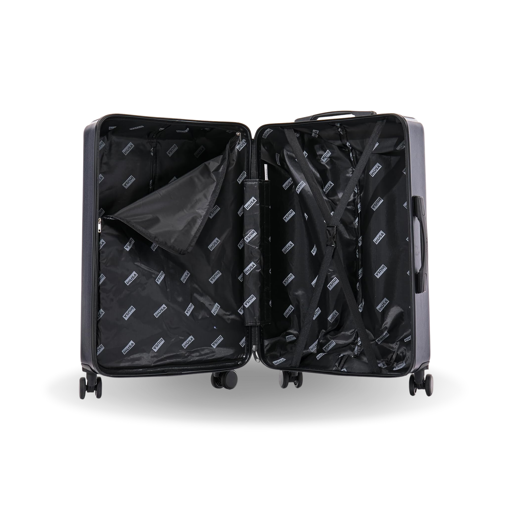 Black suitcase with open compartments on a white background