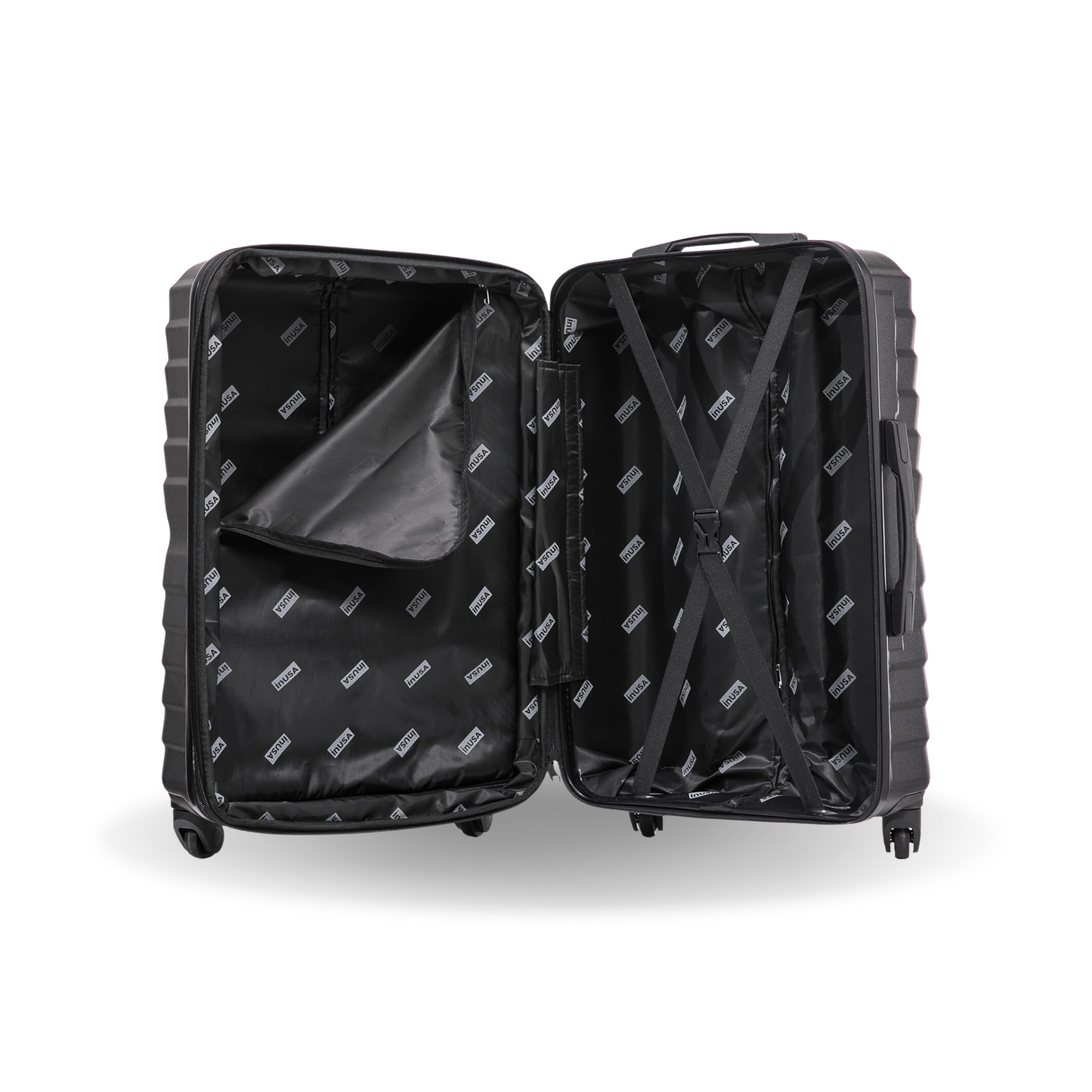 Black suitcase with open lid on a white background