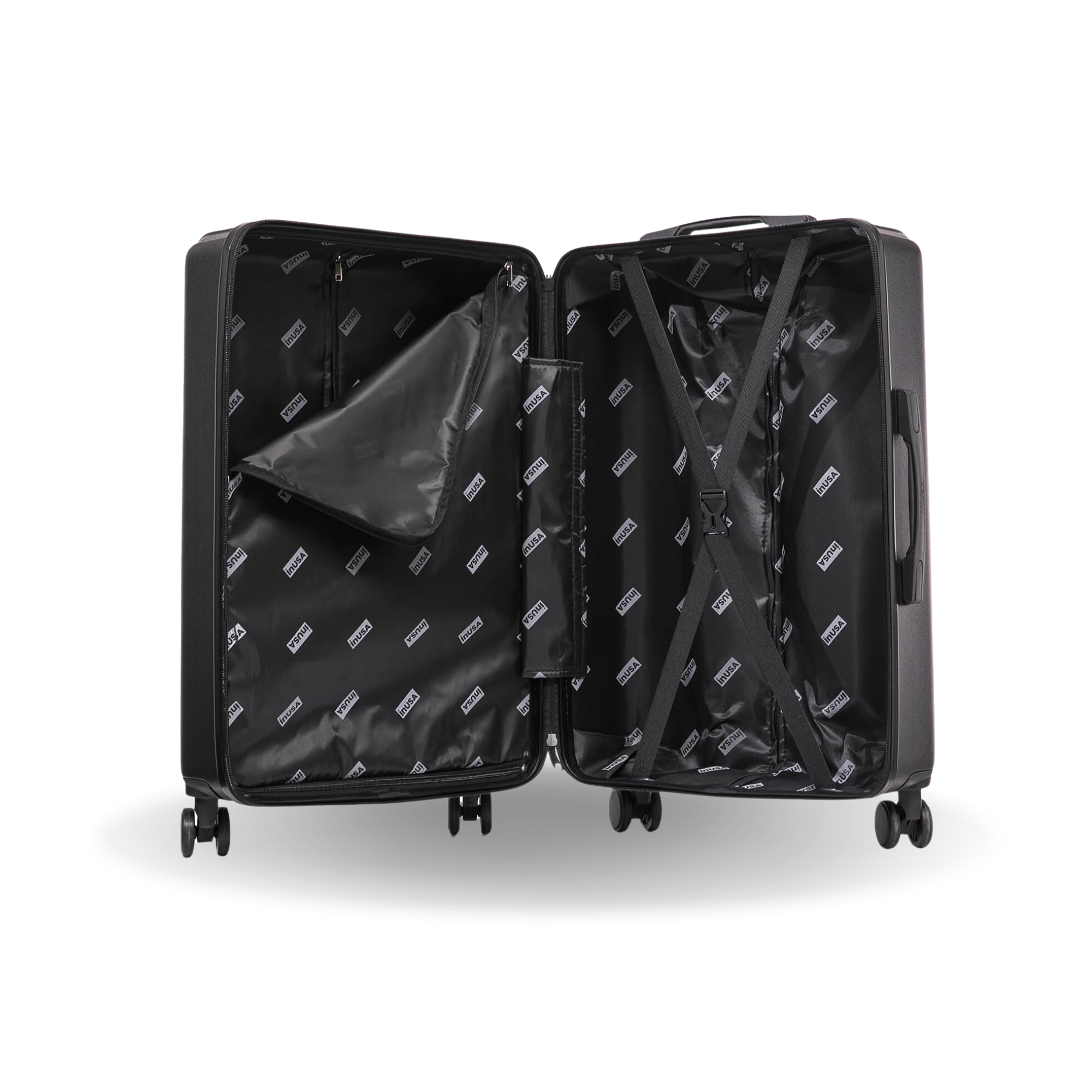 Black open suitcase with interior padding on a white background