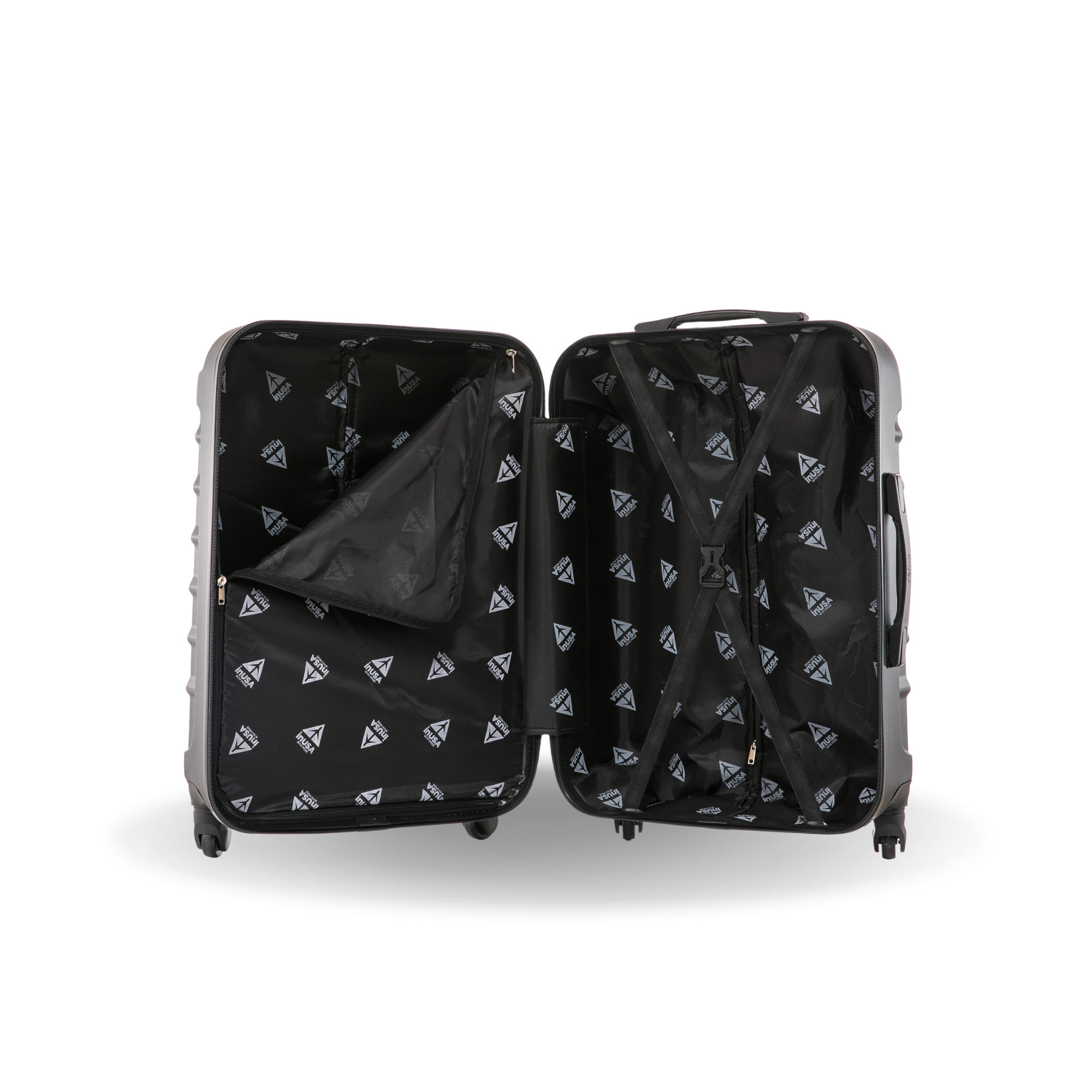 Black suitcase with geometric pattern on a white background