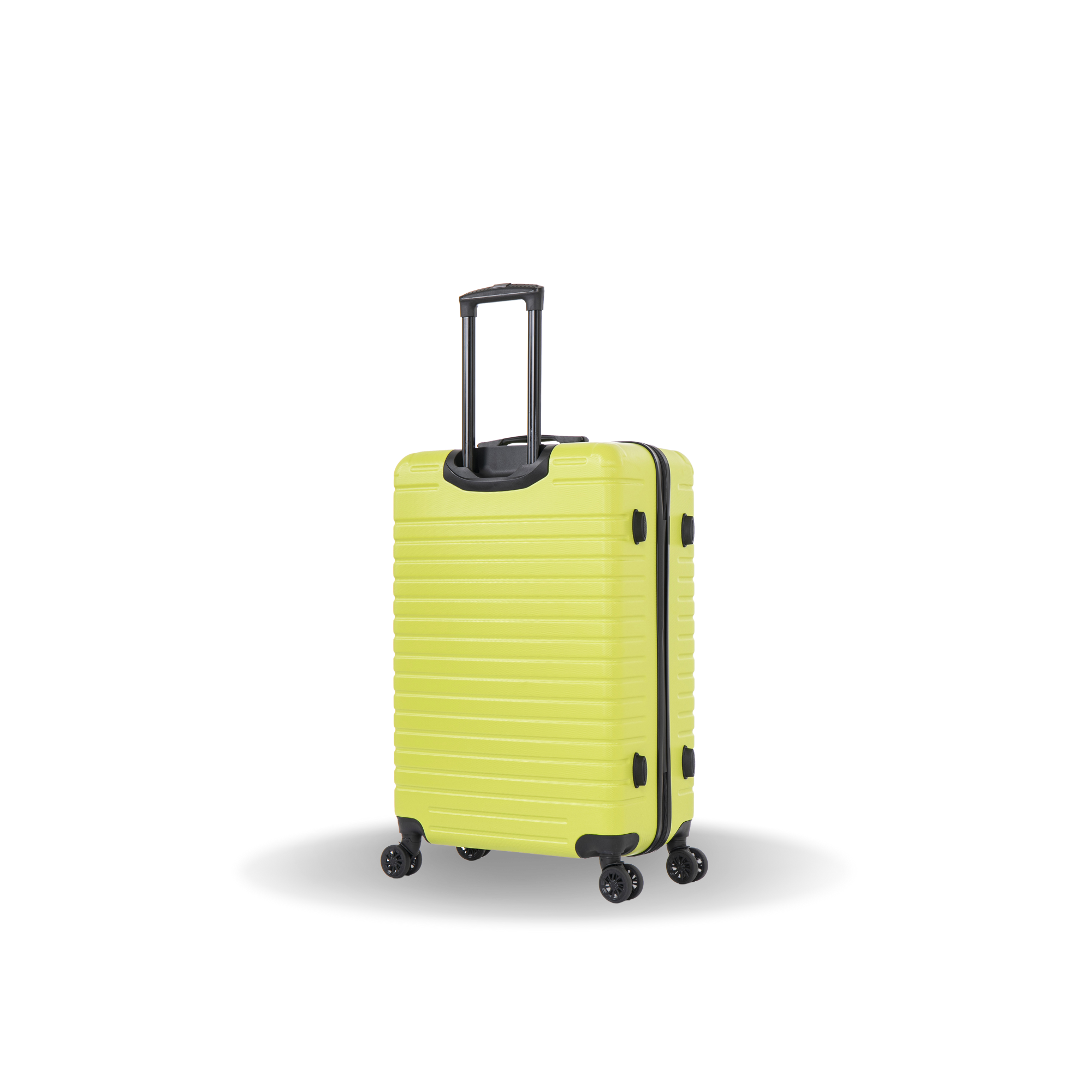 Yellow suitcase with black handle and wheels on a white background
