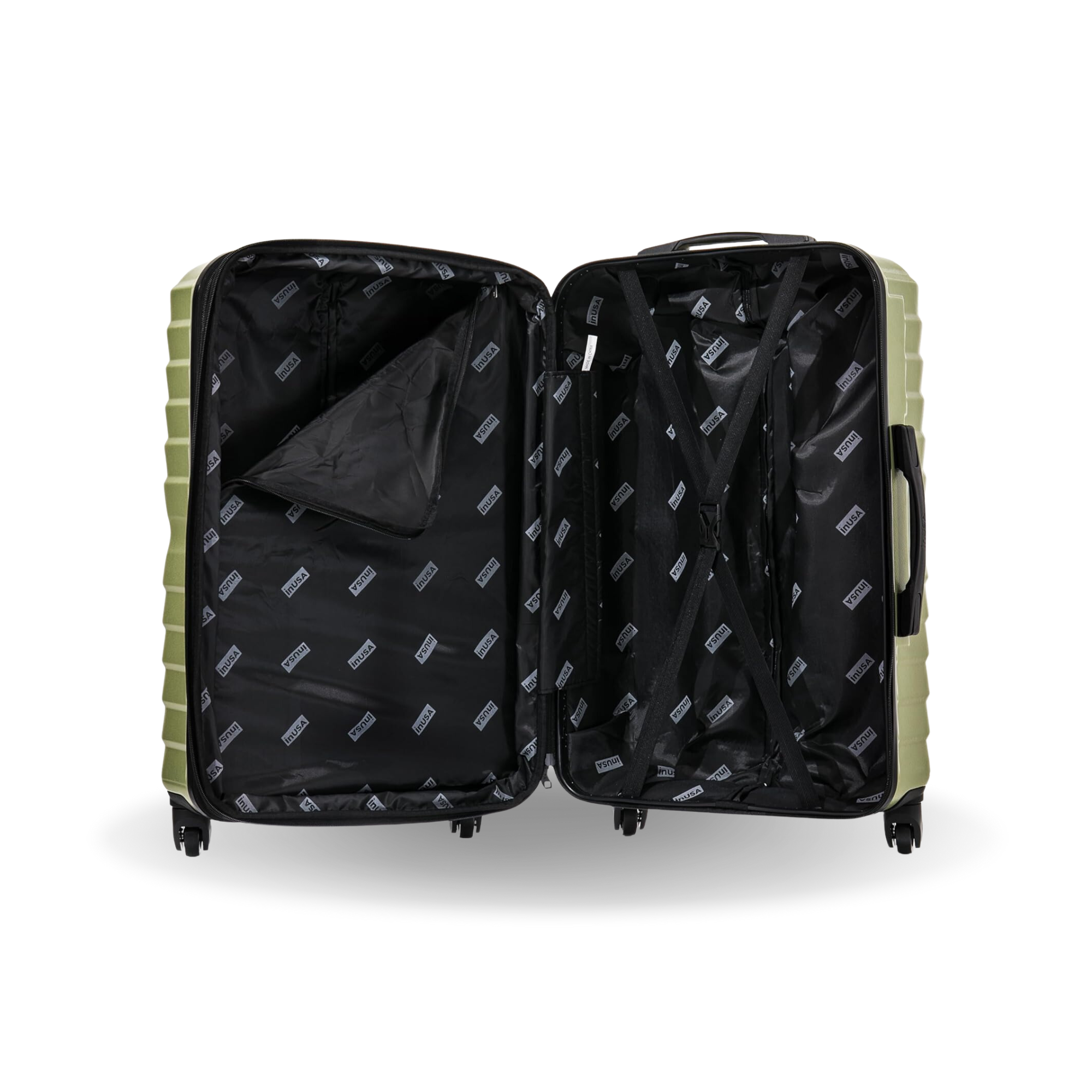 Open green suitcase with black interior on a white background