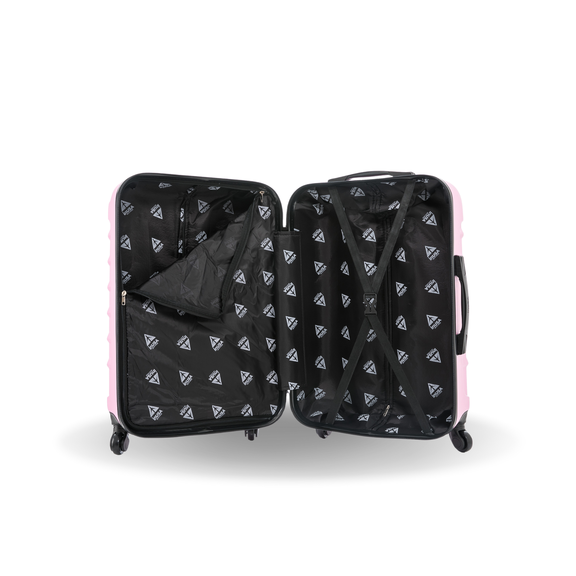 Black suitcase with geometric pattern on a white background